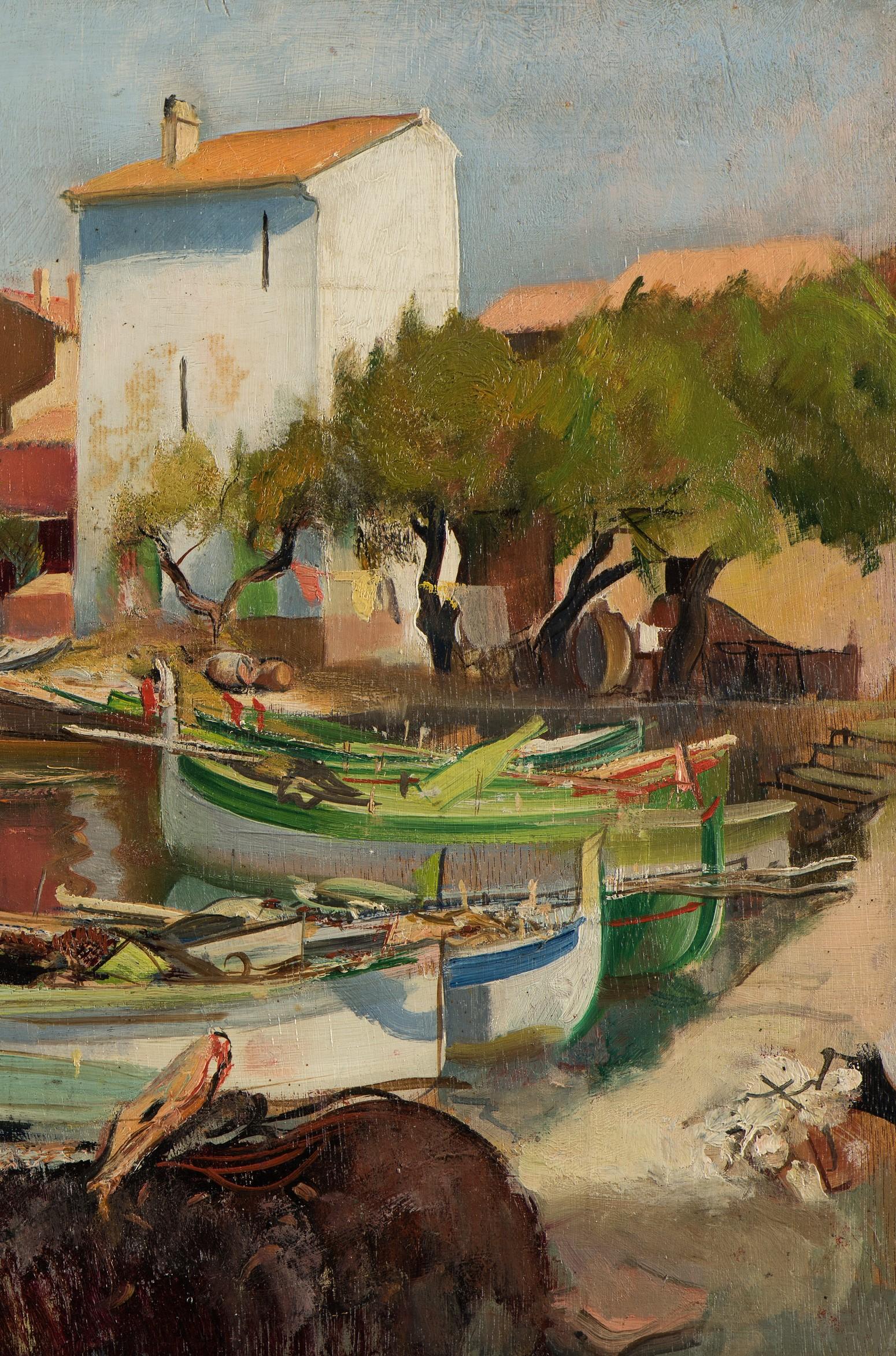 Fishing boats in the harbour at Brusc - Painting by Eugene Narbonne