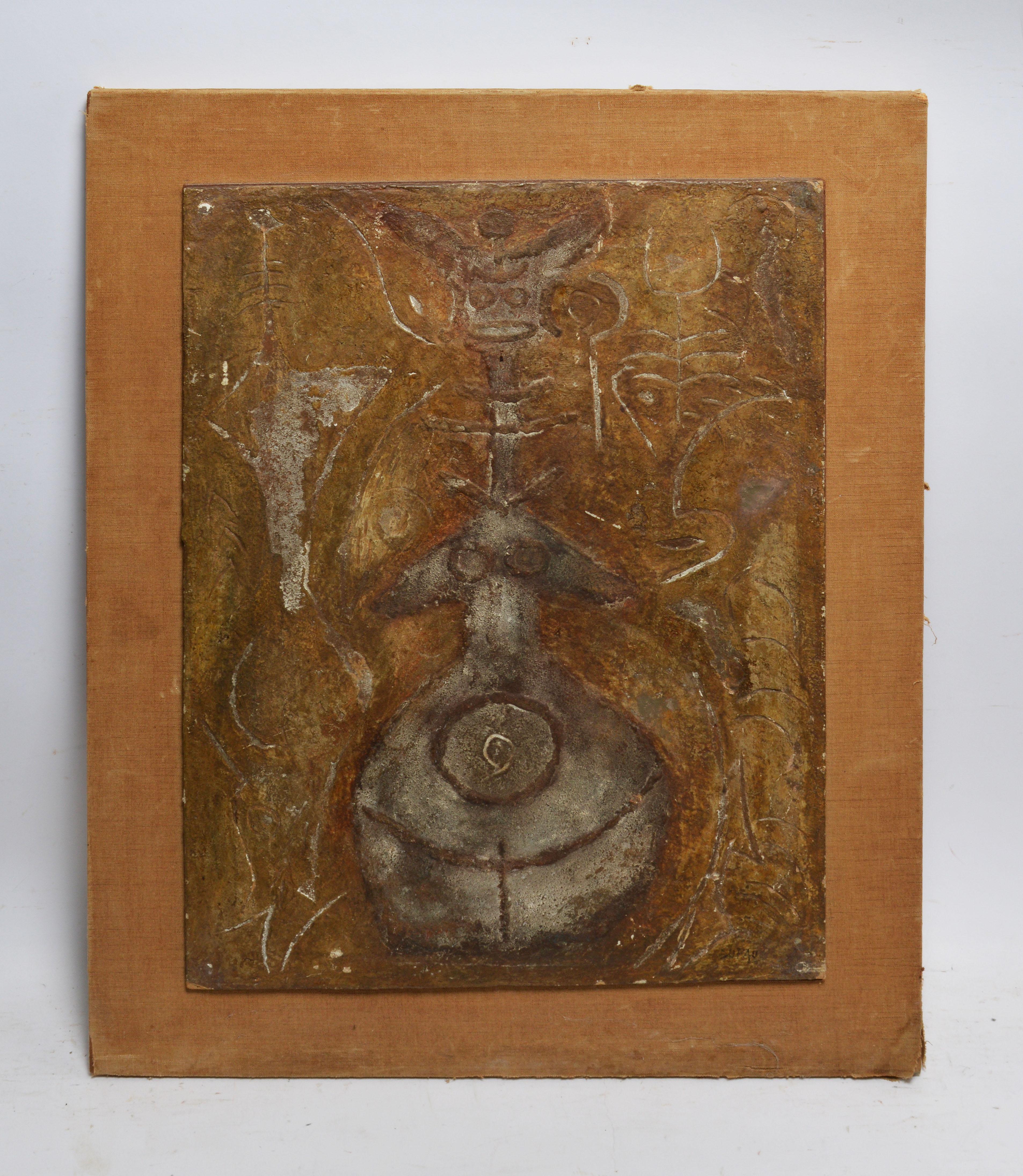Mixed media wall sculpture by Paul Dufau  (1897 - 1989).  Plaster and mixed media on board, circa 1940.  Signed lower right.  Displayed on a linen board.  Image size, 15