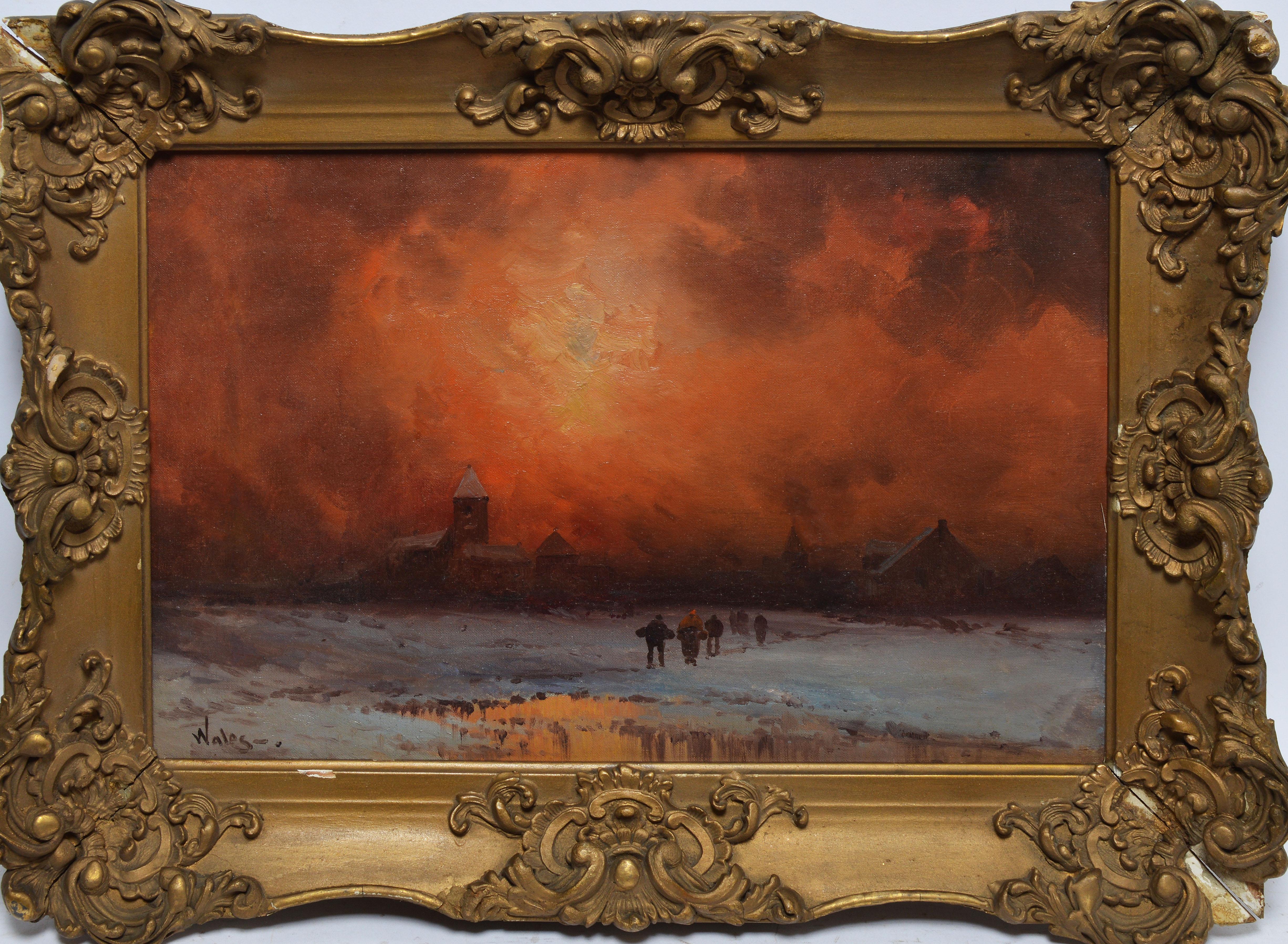 Sunset winter landscape by Orlando Wales  (1865 - 1933).  Oil on canvas, circa 1890.  Signed lower right.  Displayed in a giltwood frame.  Image size, 18"L x 12"H, overall 23"L x 16"H.