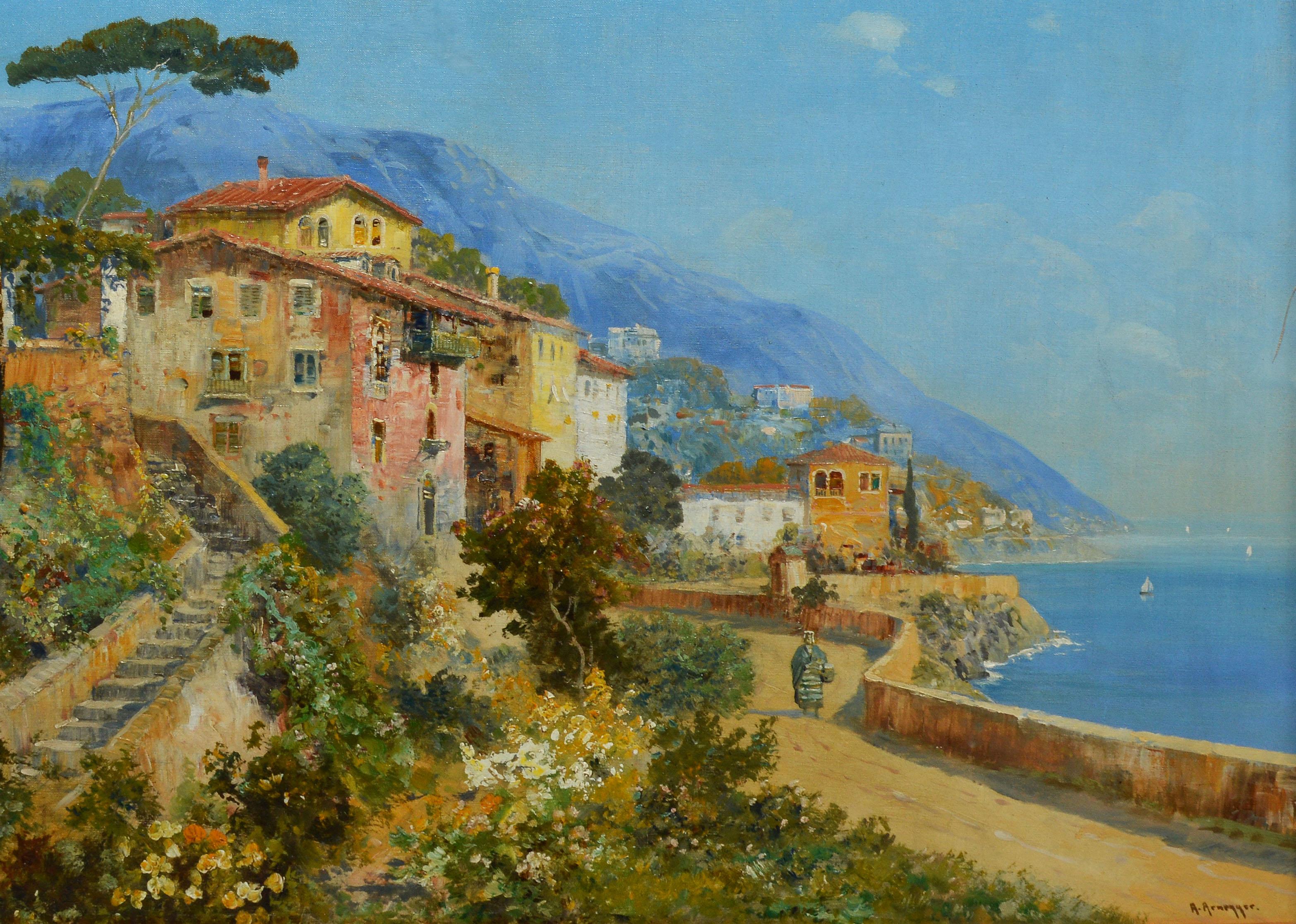Antique Impressionist Italian Coastal Landscape Oil Painting by Alois Arnegger 1