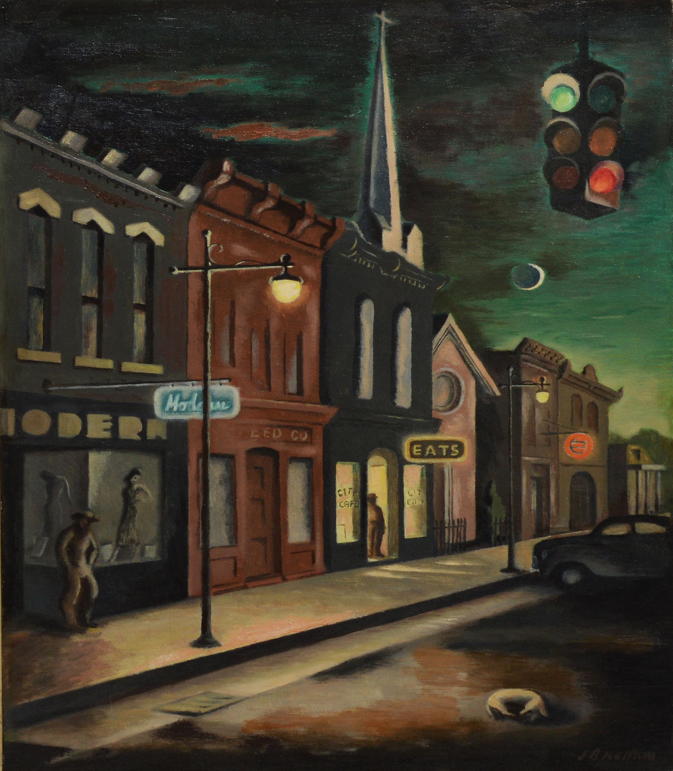 Modernist street view of Kentucky by Jack Burnett Kellam  (born 1914).  Oil on board, circa 1935.  Signed lower left.  Displayed in a period modernist frame.  Image size, 18