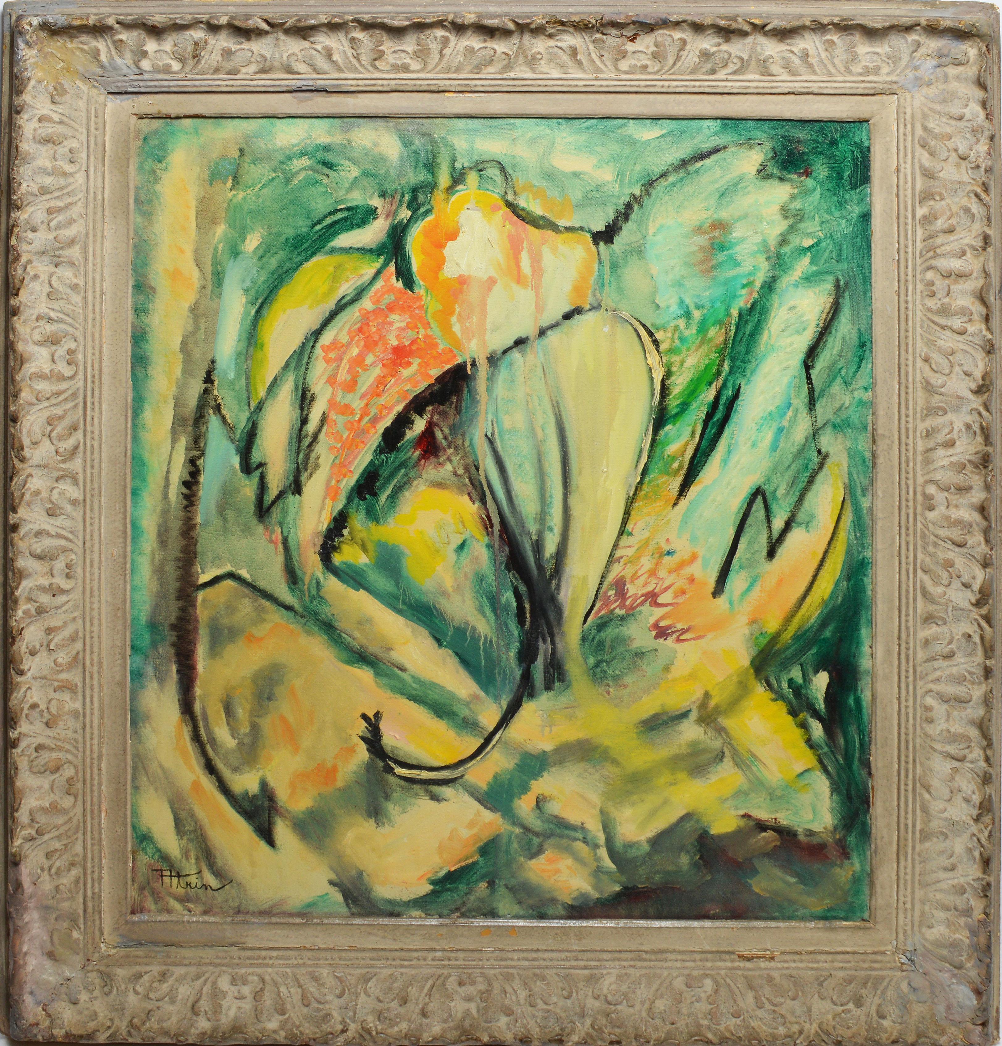 Modernist abstracted tropical landscape by New York City artist Mildred Tommy Atkin  (born 1903).  Oil on canvas, circa 1935.  Signed lower left.  Displayed in a period moderist frame.  Image size 25"L x 30"H, overall 33"L x 38"H.
