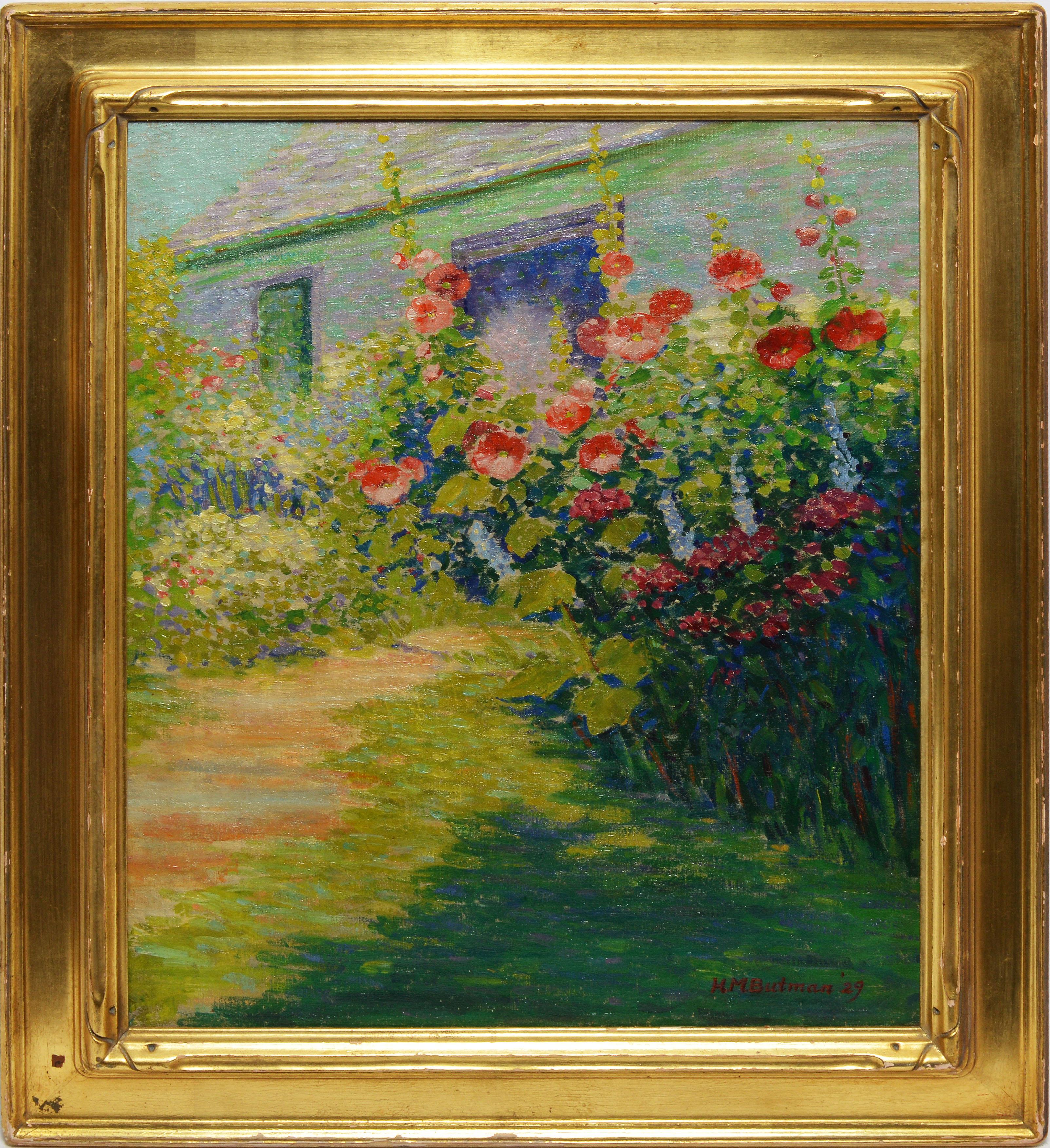 Impressionist flower landscape by Helen Butman  (- 1960).  Oil on canvas, circa 1929.  Signed lower right.  Displayed in a period giltwood frame.  Image size, 16"L x 20"H, overall 21"L x 25"H.