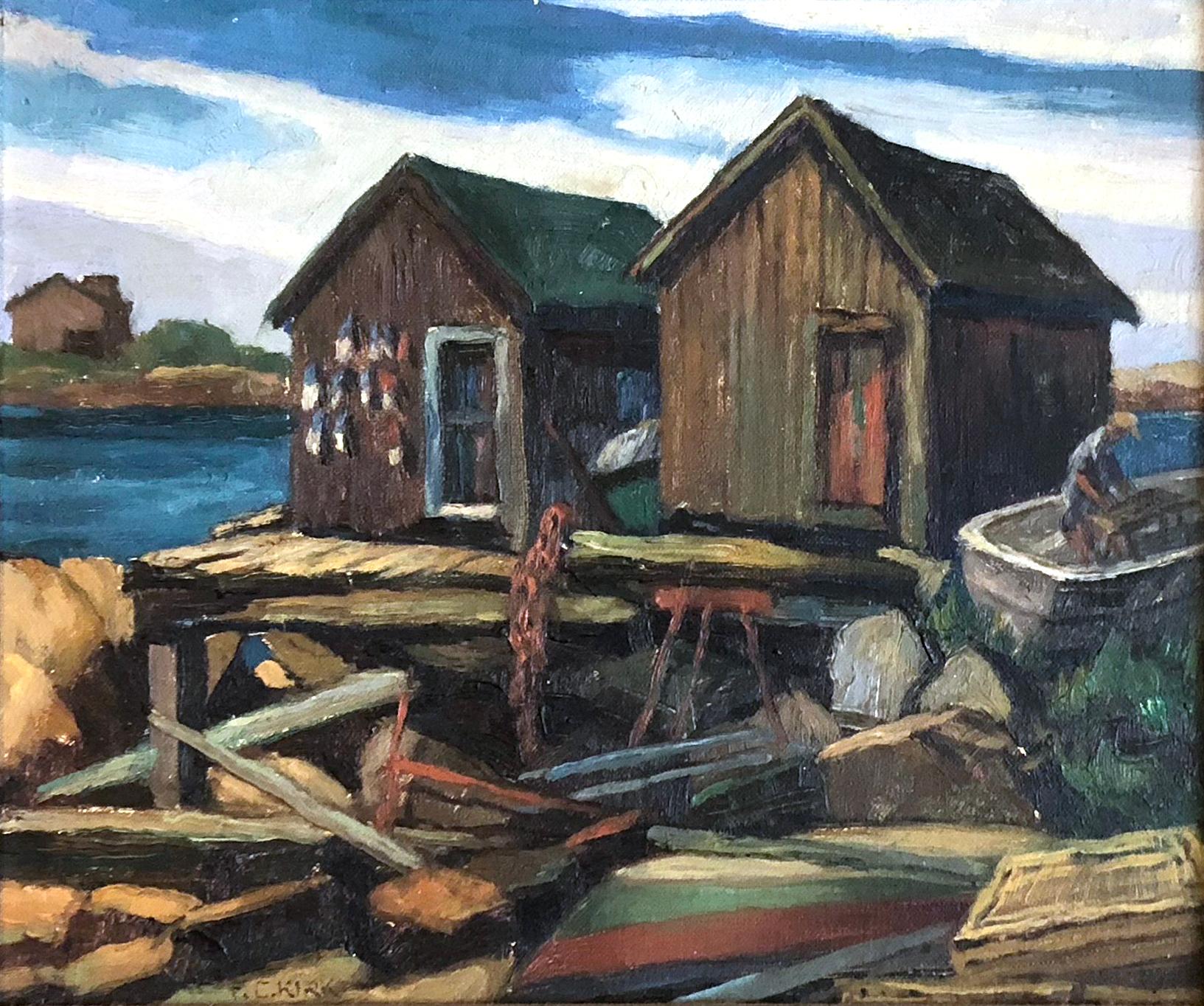 Fishing Shacks on Star Island, New Hampshire - Painting by Frank Cohen Kirk