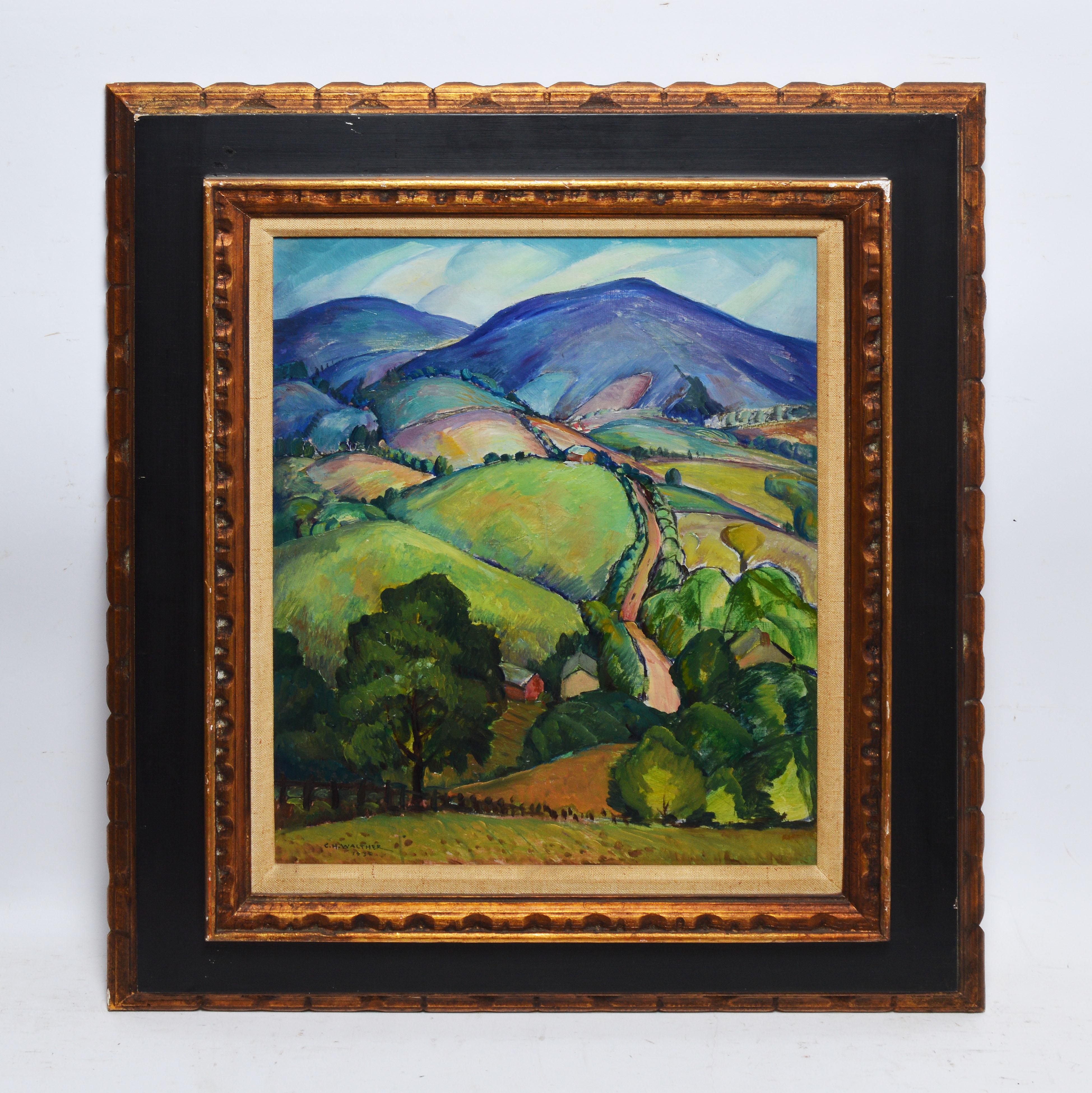 Modernist view of Butler MD by Charles Walther  (1879 - 1937).  Oil on board, circa 1930.  Signed lower left.  Displayed in a period modernist frame.  Image size, 14