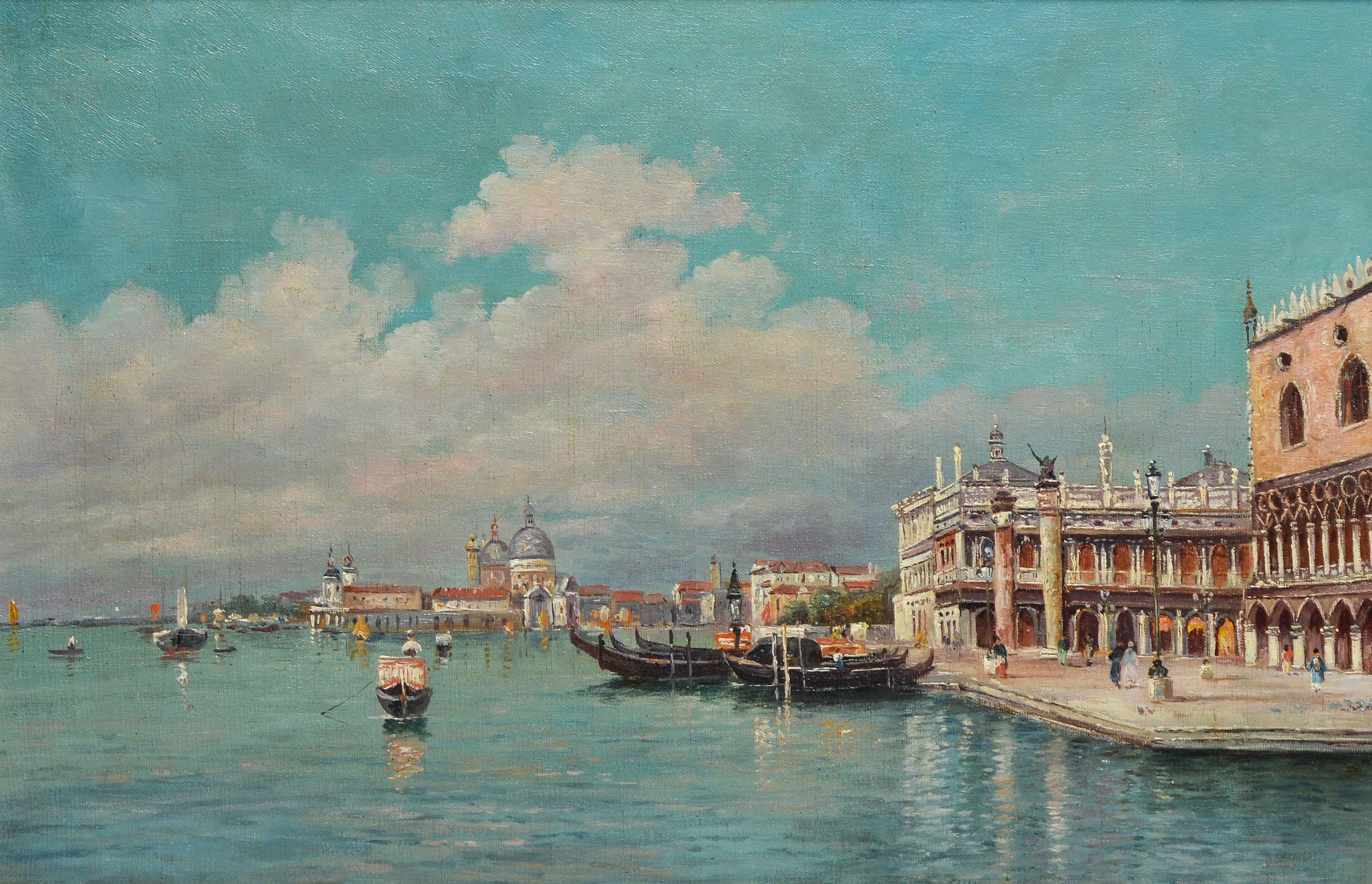 19th Century impressionist view of Venice by Emilio Fossati.  Oil on canvas, circa 1890.  Signed lower right.  Displayed in a giltwood frame.  Image size, 30