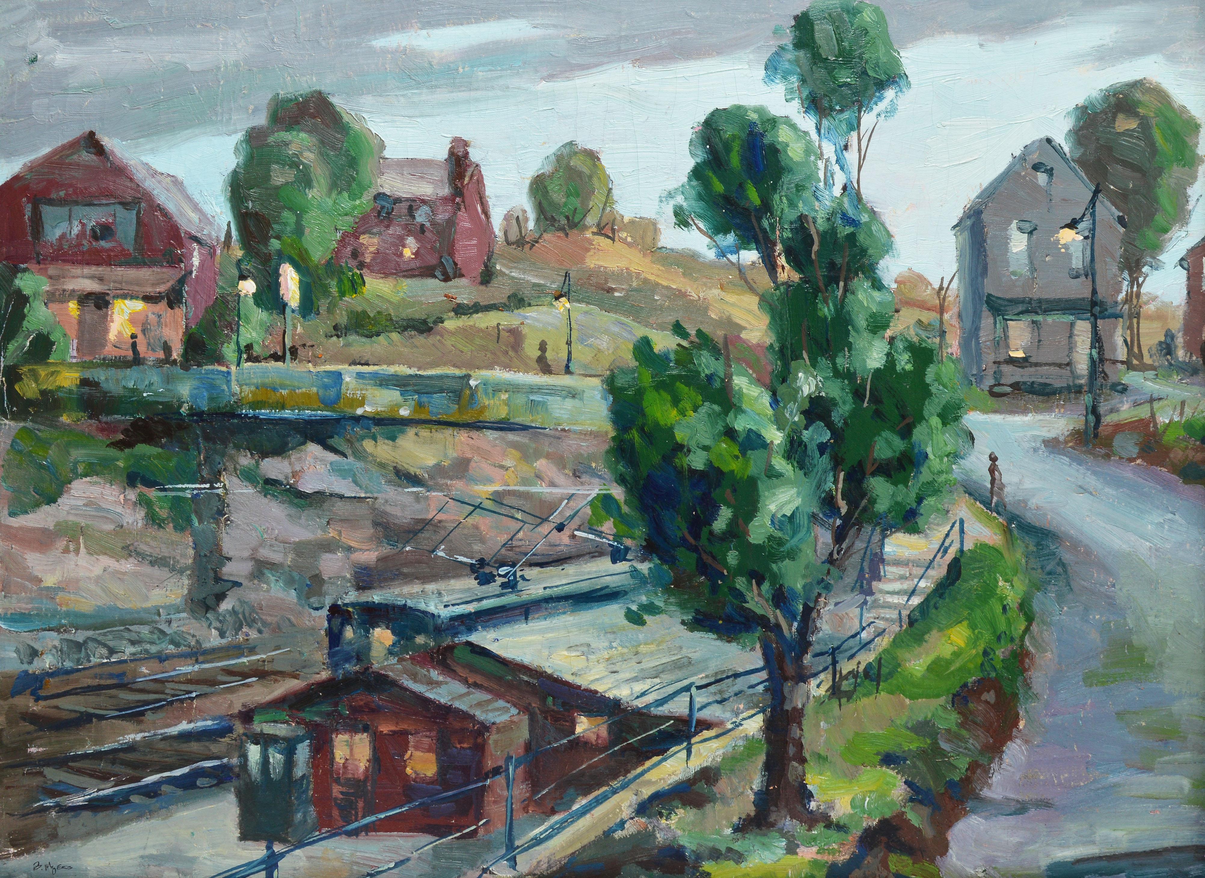 Modernist street view by Bernard Myers  (1925 - 2007).  Oil on board, circa 1950.  Signed.  Displayed in a wood frame.  Image size, 28