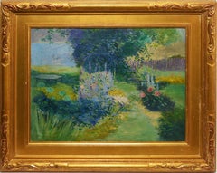 19th Century Female Impressionist Flower Garden Landscape by Helen Butman