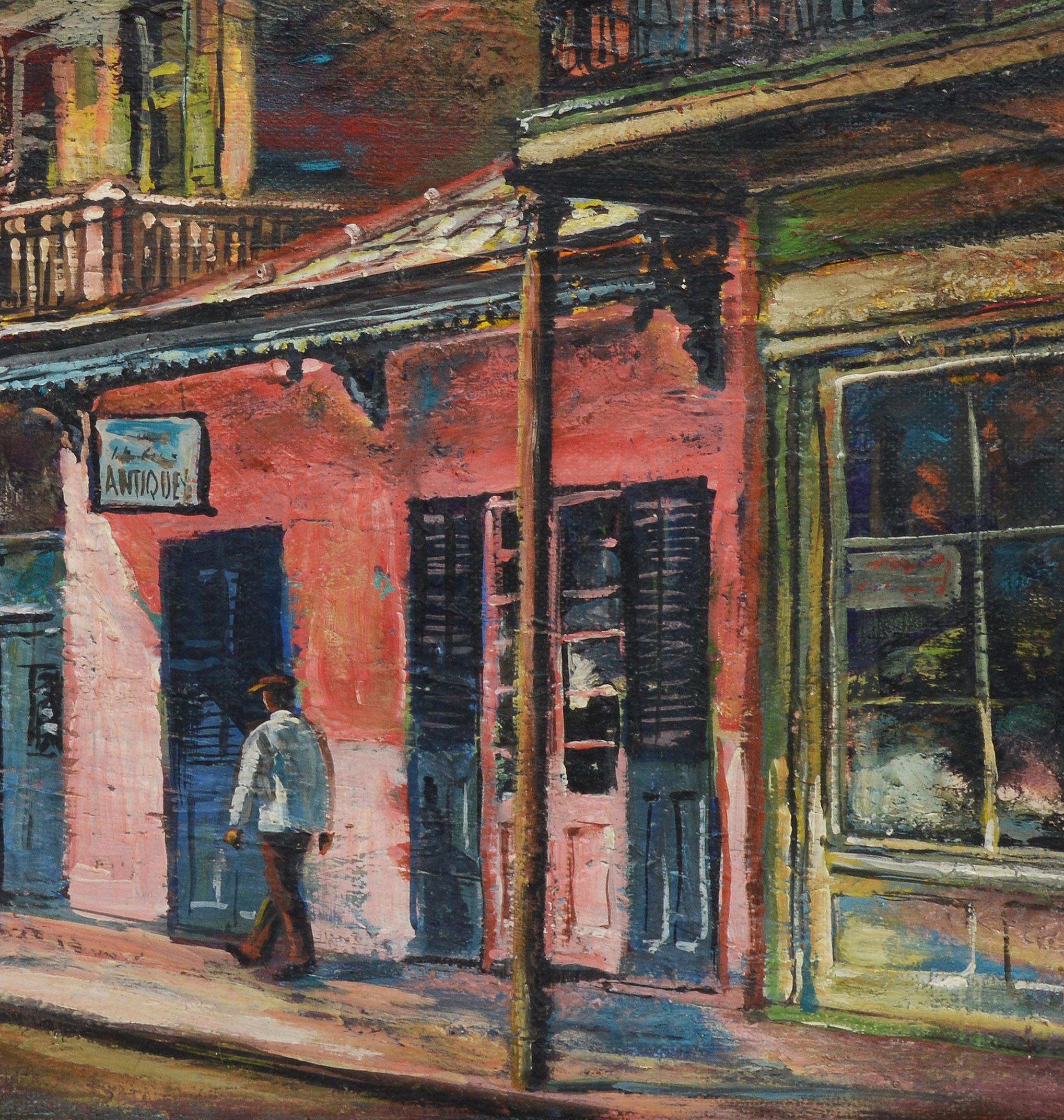 Modernist view of a New Orleans street by Rudolph Schmidt  (1897 - 1985).  Oil on board, circa 1940.  Signed.  Displayed in a period modernist frame.  Image size, 20
