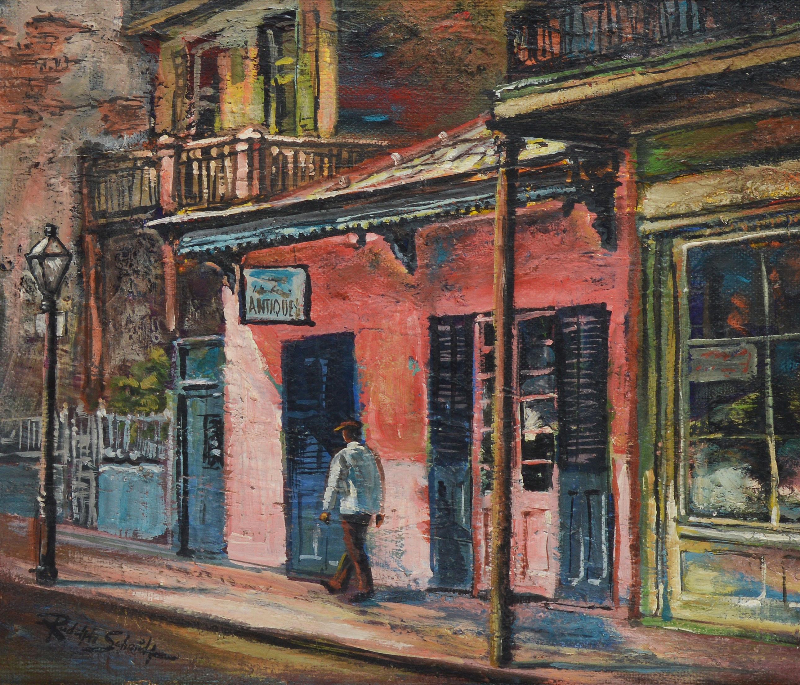 Modernist Signed Oil Painting of a New Orleans Street by Rudolph Schmidt 1