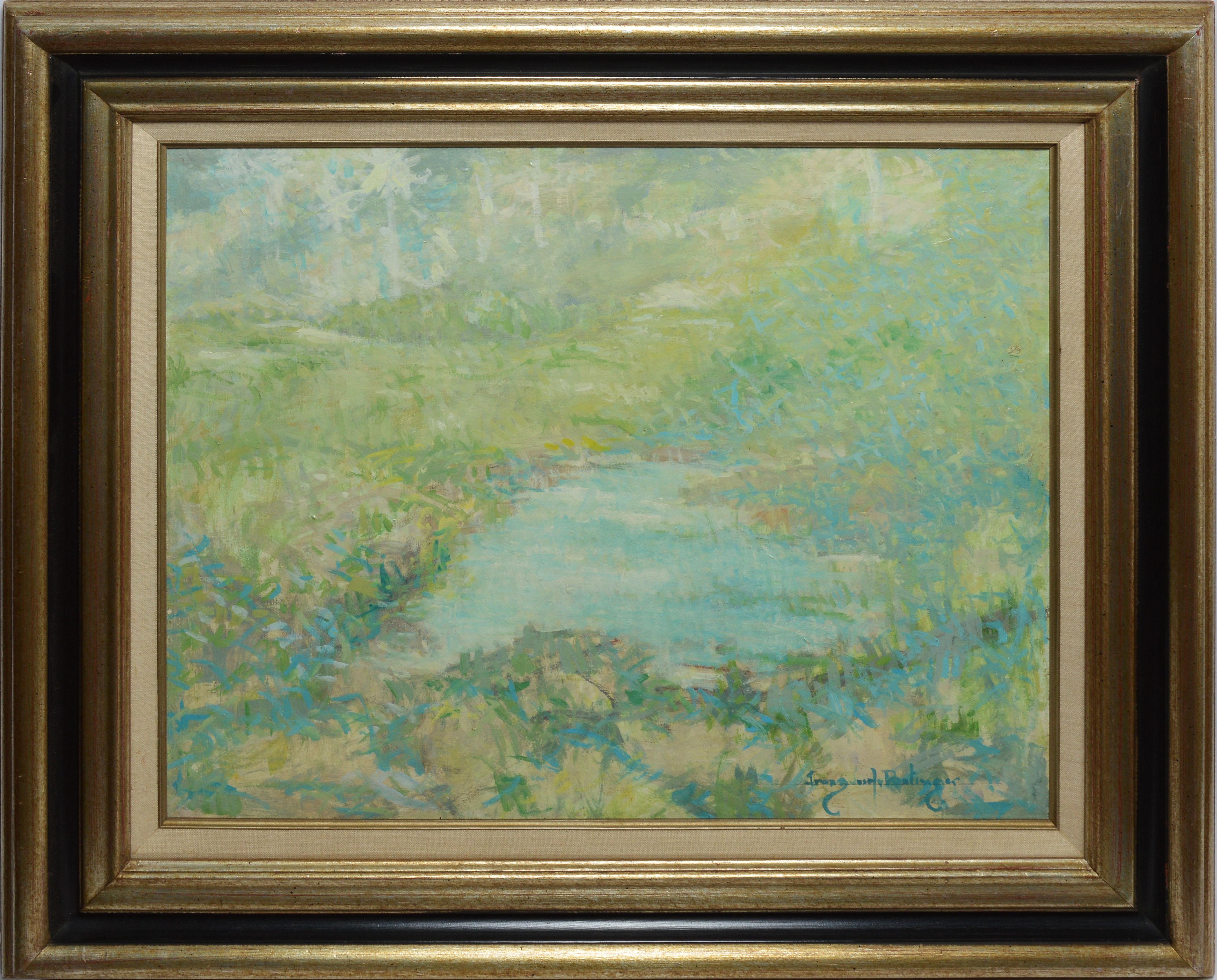 Impressionist view of a Florida landscape by Franz Josef Bolinger  (1903 - 1986).  Oil on canvas, circa 1930.  Displayed in a silver and black impressionist frame.  Image size 24"L x 20"H, overall 32"L x 28"H.