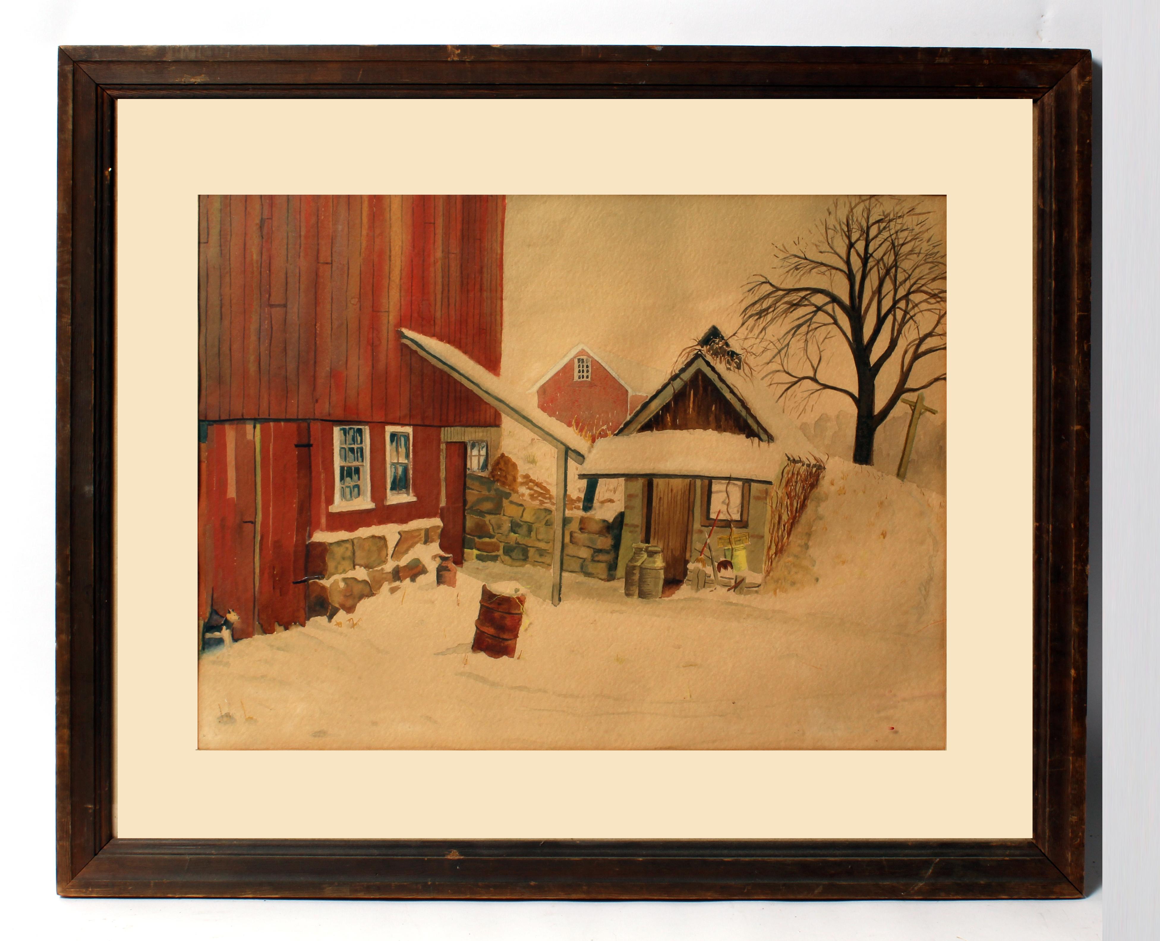 Joseph Koch Landscape Art – Butler Art Institute Winter-Hunde- Barn-Szene Aquarell ca. 1940 