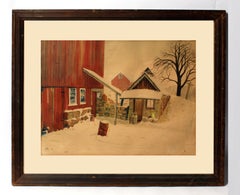 Butler Art Institute Winter Dog Barn Scene Watercolor Circa 1940 
