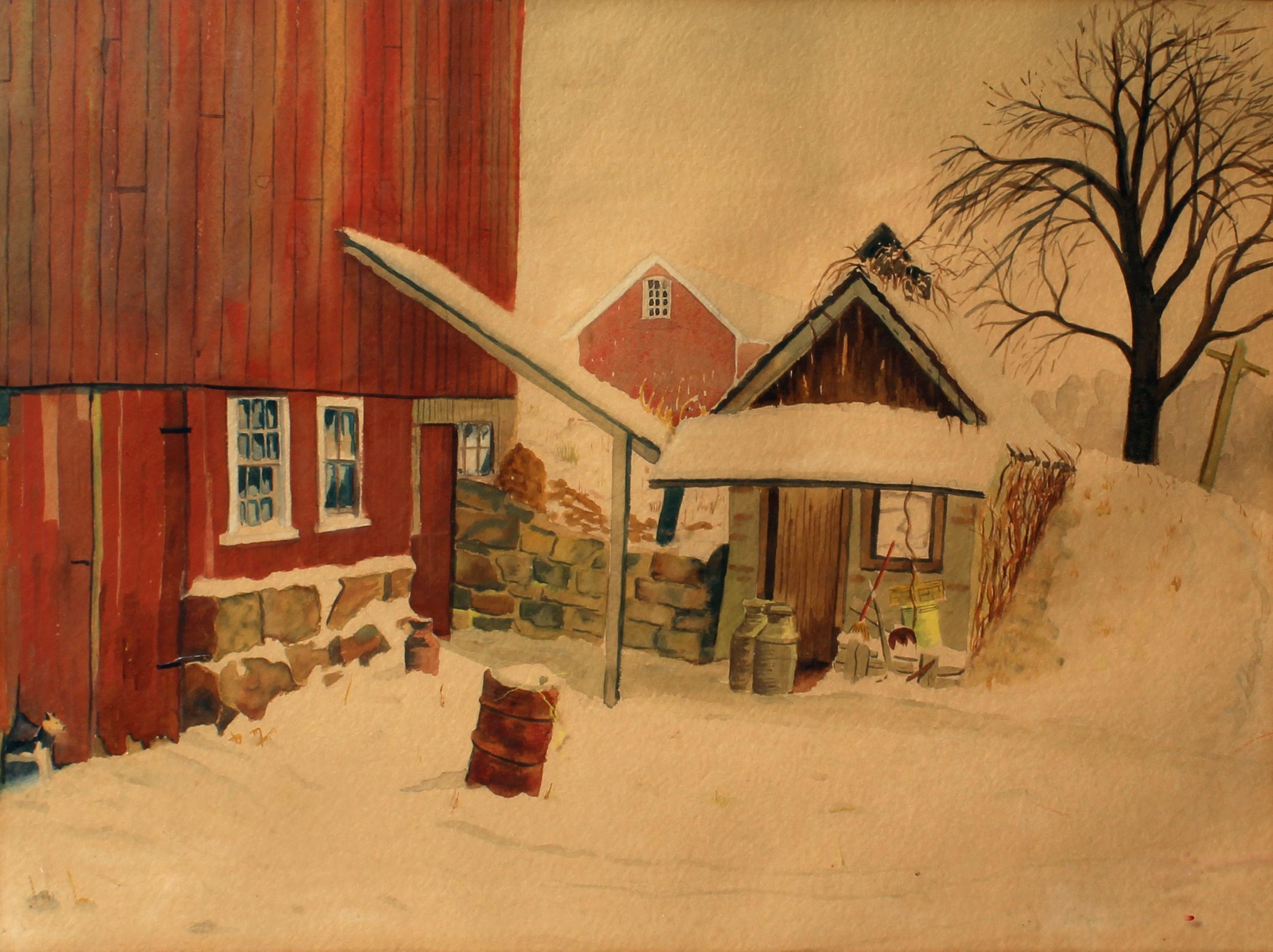 Butler Art Institute Winter-Hunde- Barn-Szene Aquarell ca. 1940  (Beige), Landscape Art, von Joseph Koch