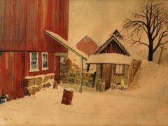 Butler Art Institute Winter Dog Barn Scene Watercolor Circa 1940
