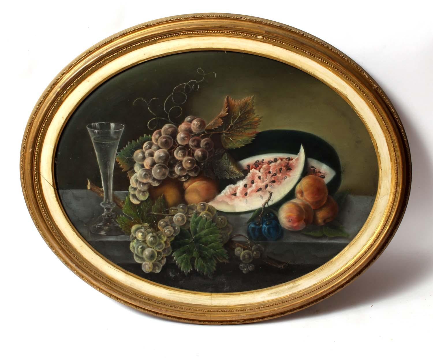 Unknown Still-Life - 19th Century Circular Realist Pastel Painting Still Life Fruit in Gold Frame