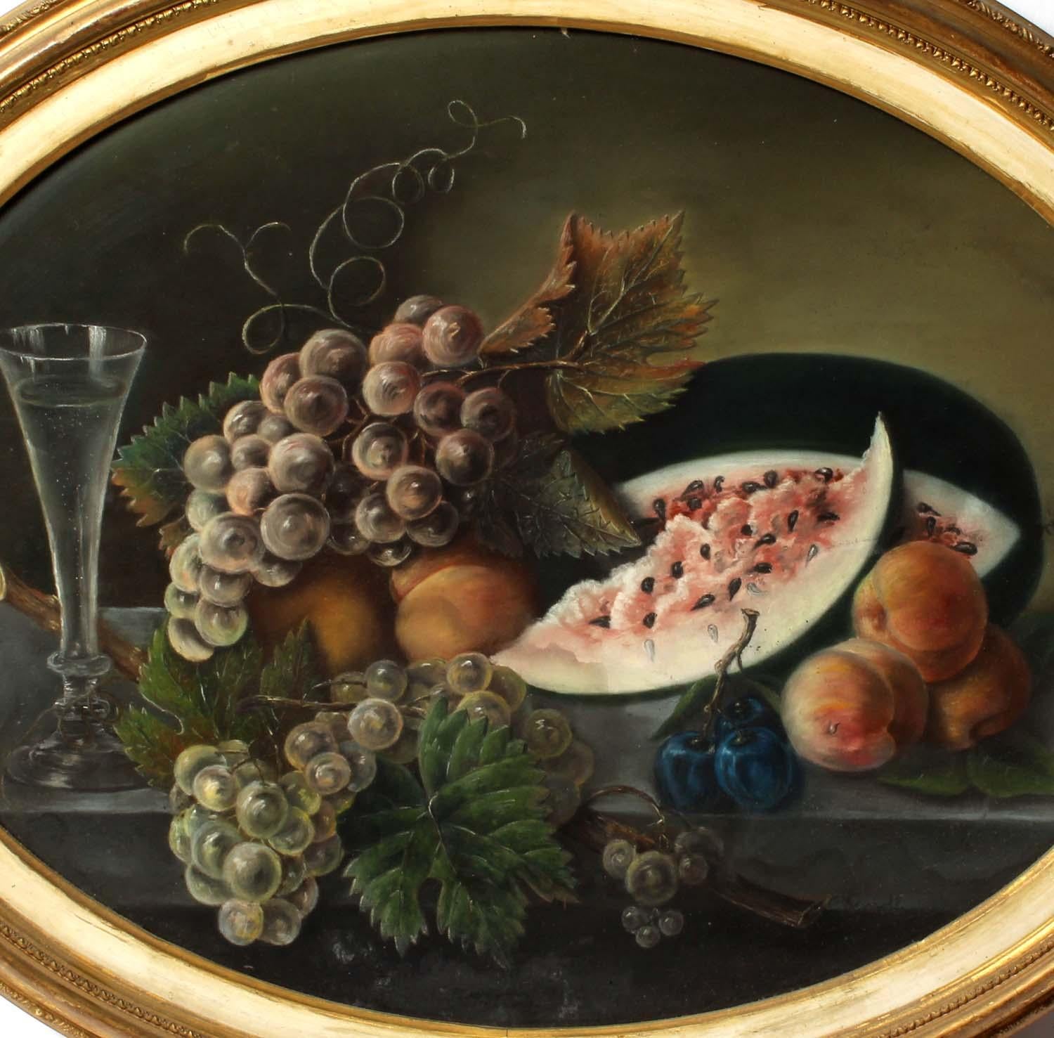 19th Century Circular Realist Pastel Painting Still Life Fruit in Gold Frame - Art by Unknown