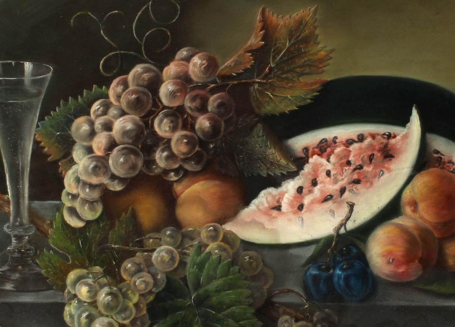 19th Century Circular Realist Pastel Painting Still Life Fruit in Gold Frame - Black Still-Life by Unknown