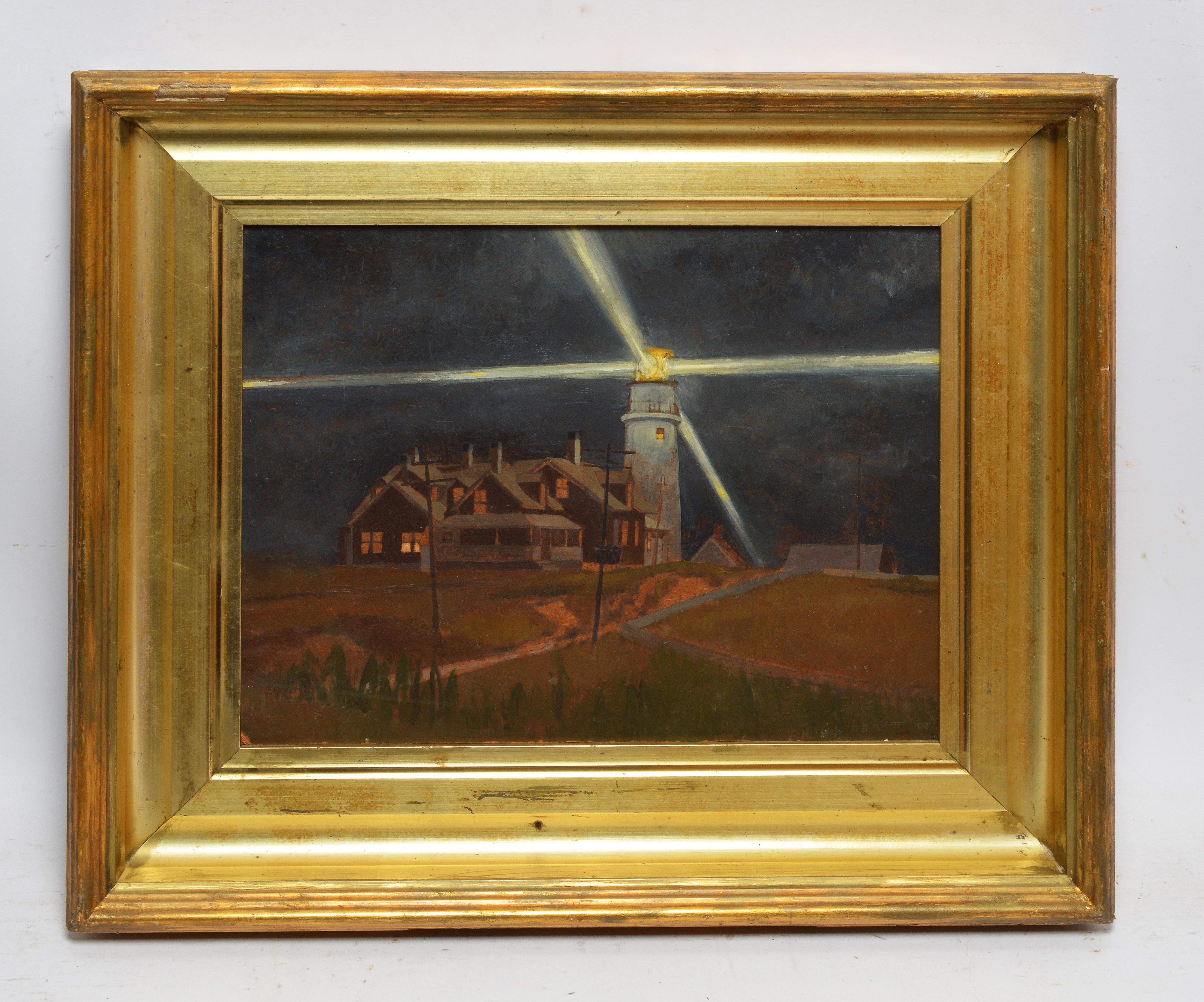 American modernist coastal landscape with a lighthouse by Warren Sawyer  (1904 - 1977).  Oil on board, circa 1940.  Unsigned.  Displayed in a period giltwood frame.  Image size, 13