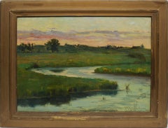 Antique American Impressionist Sunset New England Marsh Landscape Oil Painting