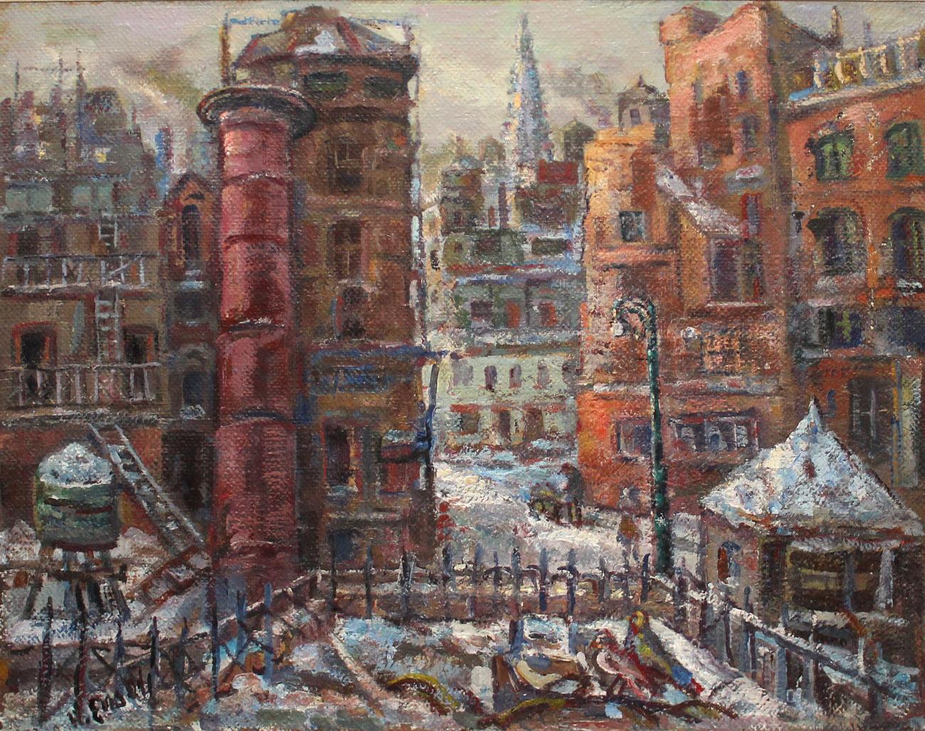 Paysage urbain du Lower Manhattan par Henry Ensol, artiste américain de l'époque WPA, NY School, vers 1930 en vente 2