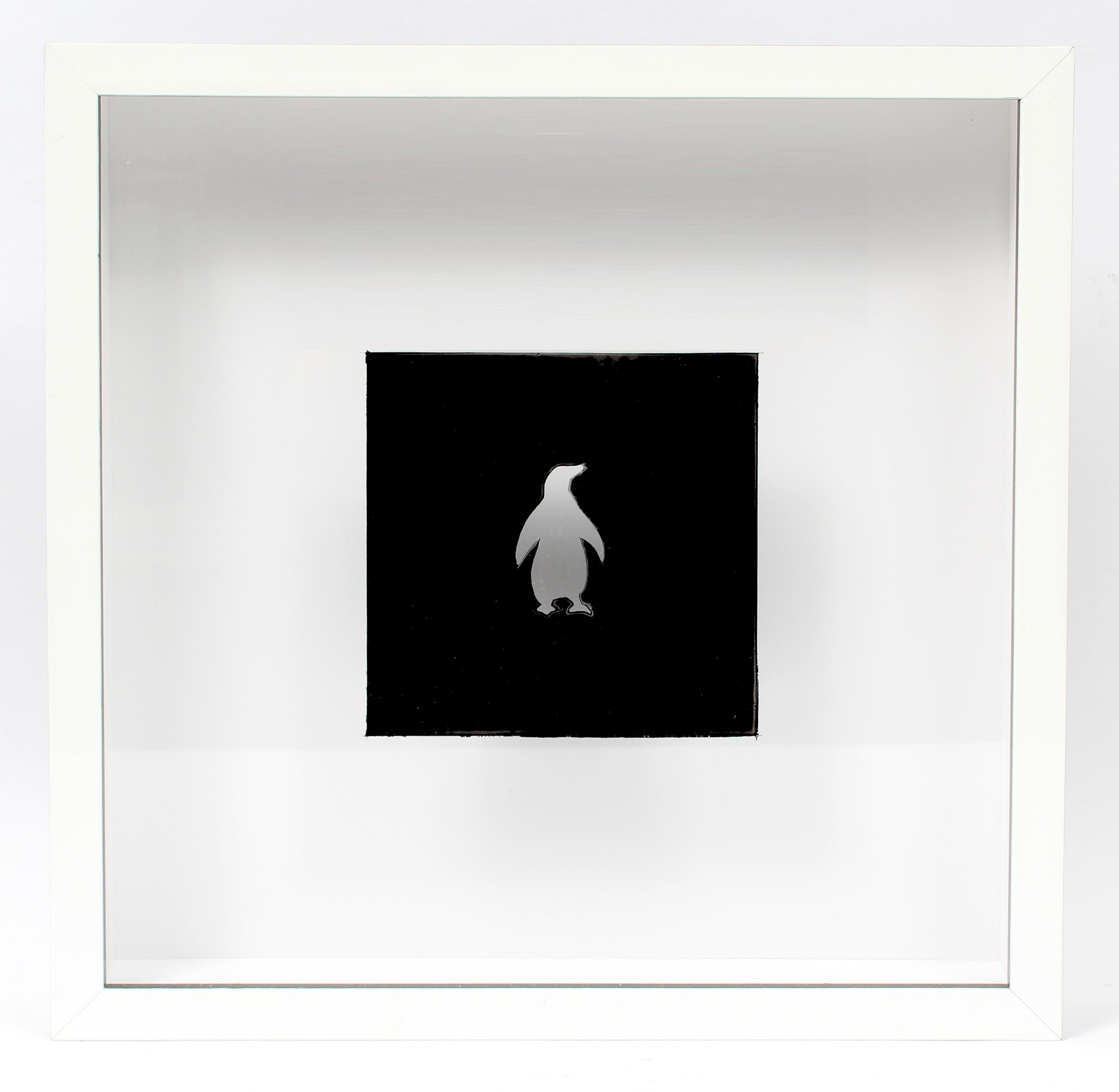 Penguin Contemporary Reverse Painting American Black and White Shadowbox - Mixed Media Art by Peter Bellomo