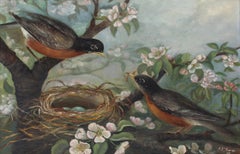 Antique American Oil Painting Birds Nest Female Artist Framed Bright 1888