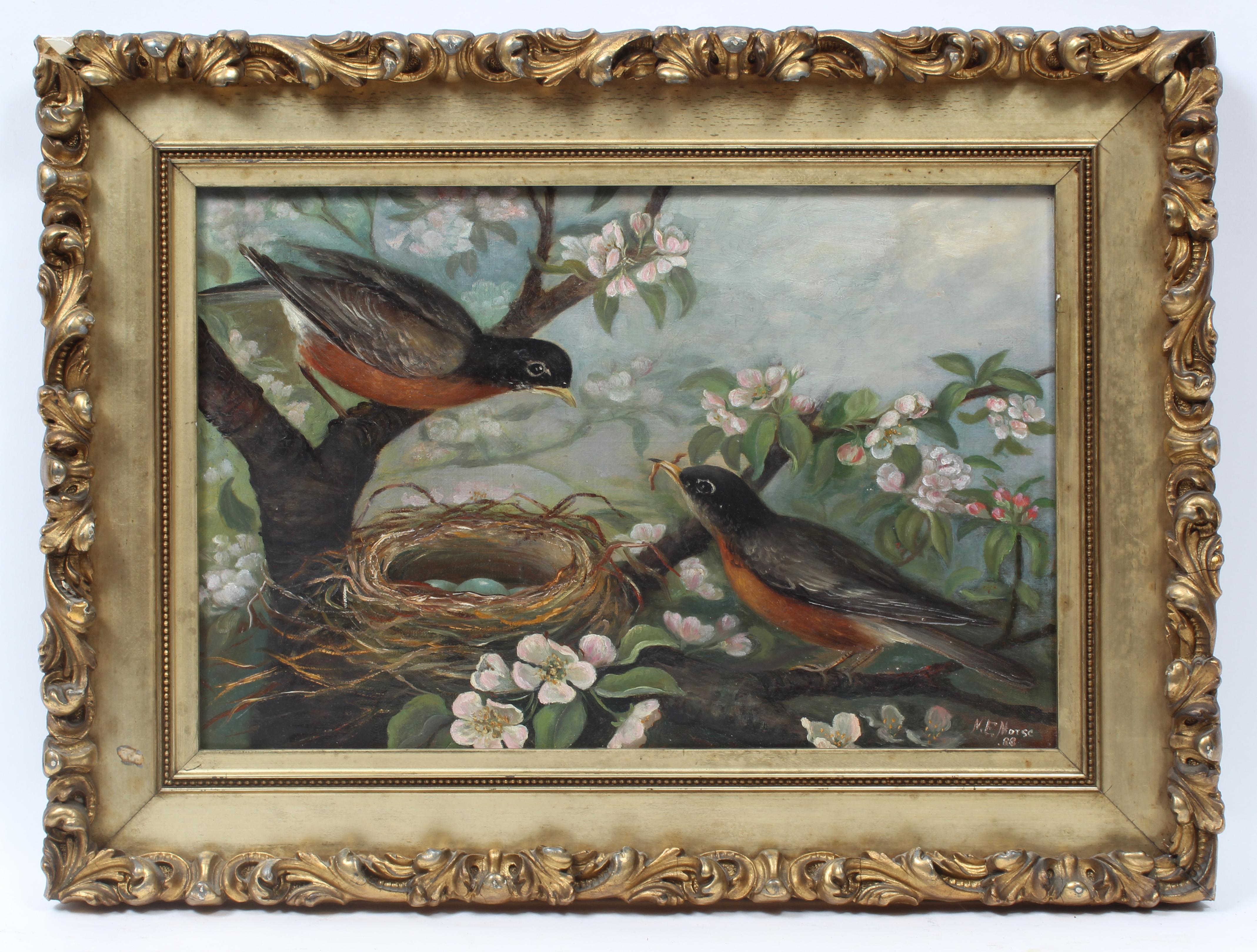 Eleanor Ecob Morse Animal Painting - Antique American Oil Painting Birds Nest Female Artist Framed Bright 1888