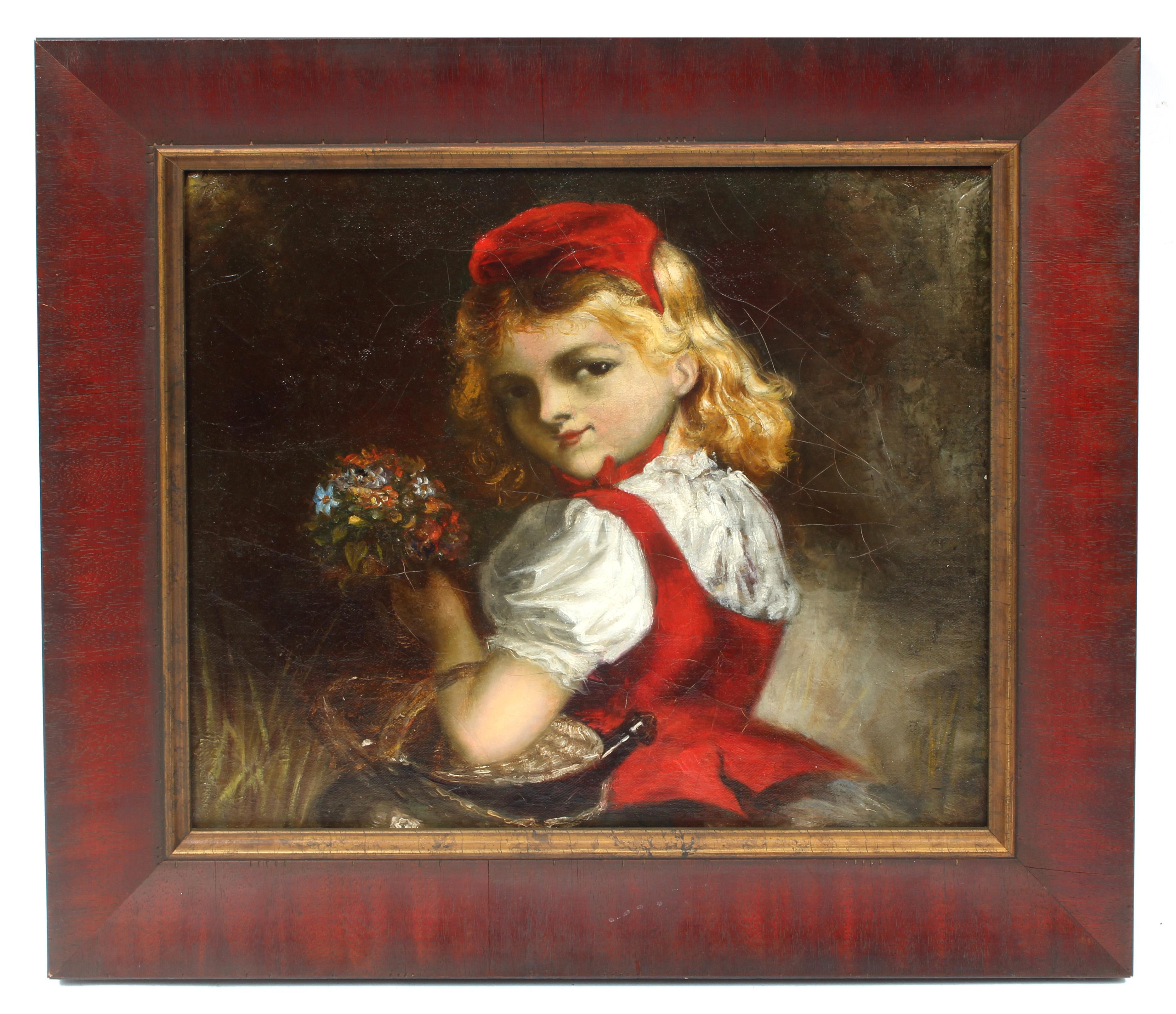 Antico dipinto impressionista americano Cappuccetto Rosso con cornice del XIX secolo