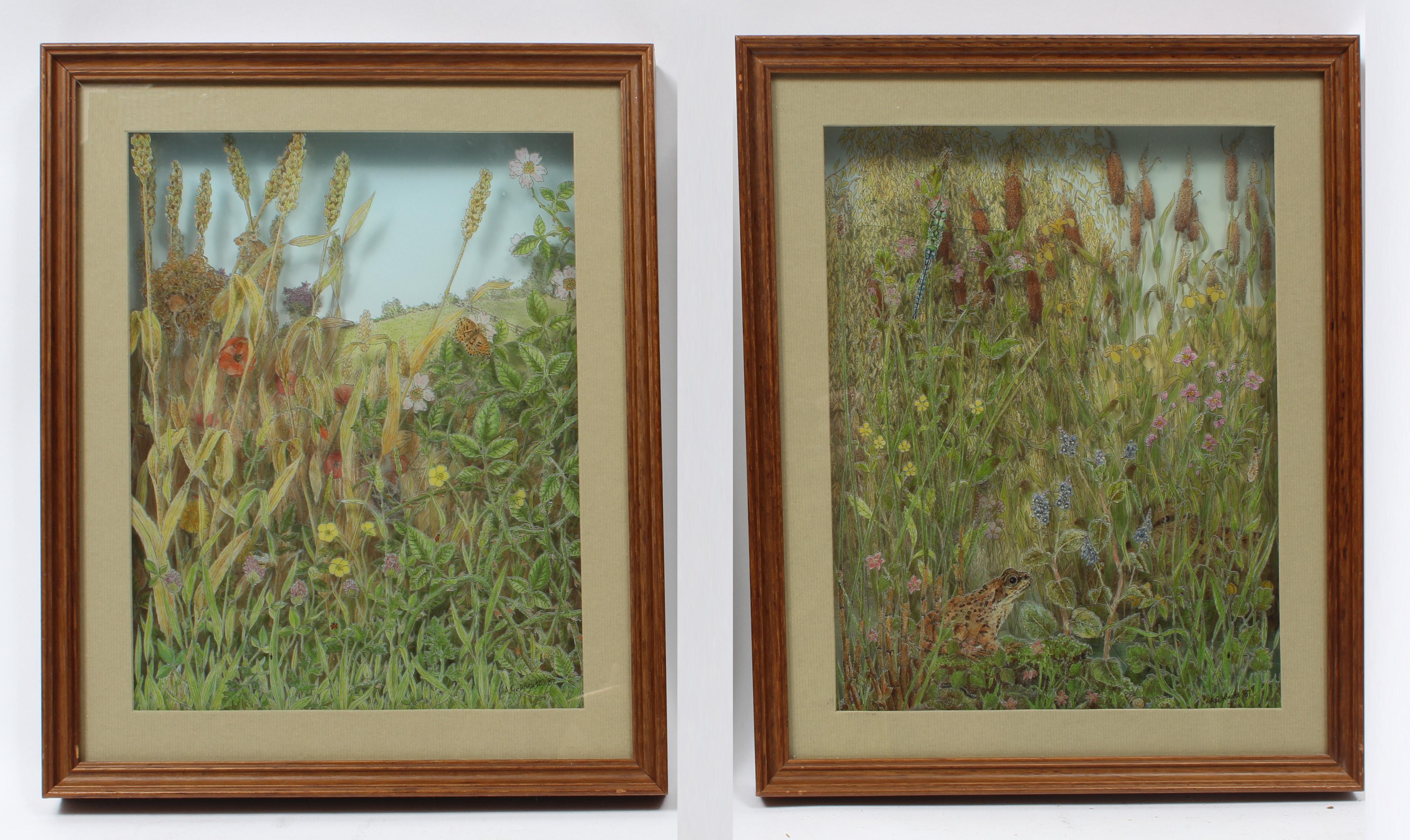 Anthony Wyatt Landscape Painting - Pair of Vintage Reverse Layered Glass Paintings English Unique Kitsch Rare 1980