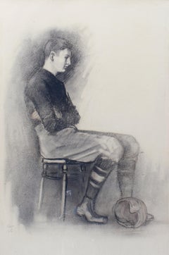 Antique American Drawing Football Player Monogrammed Original Frame early 20th C