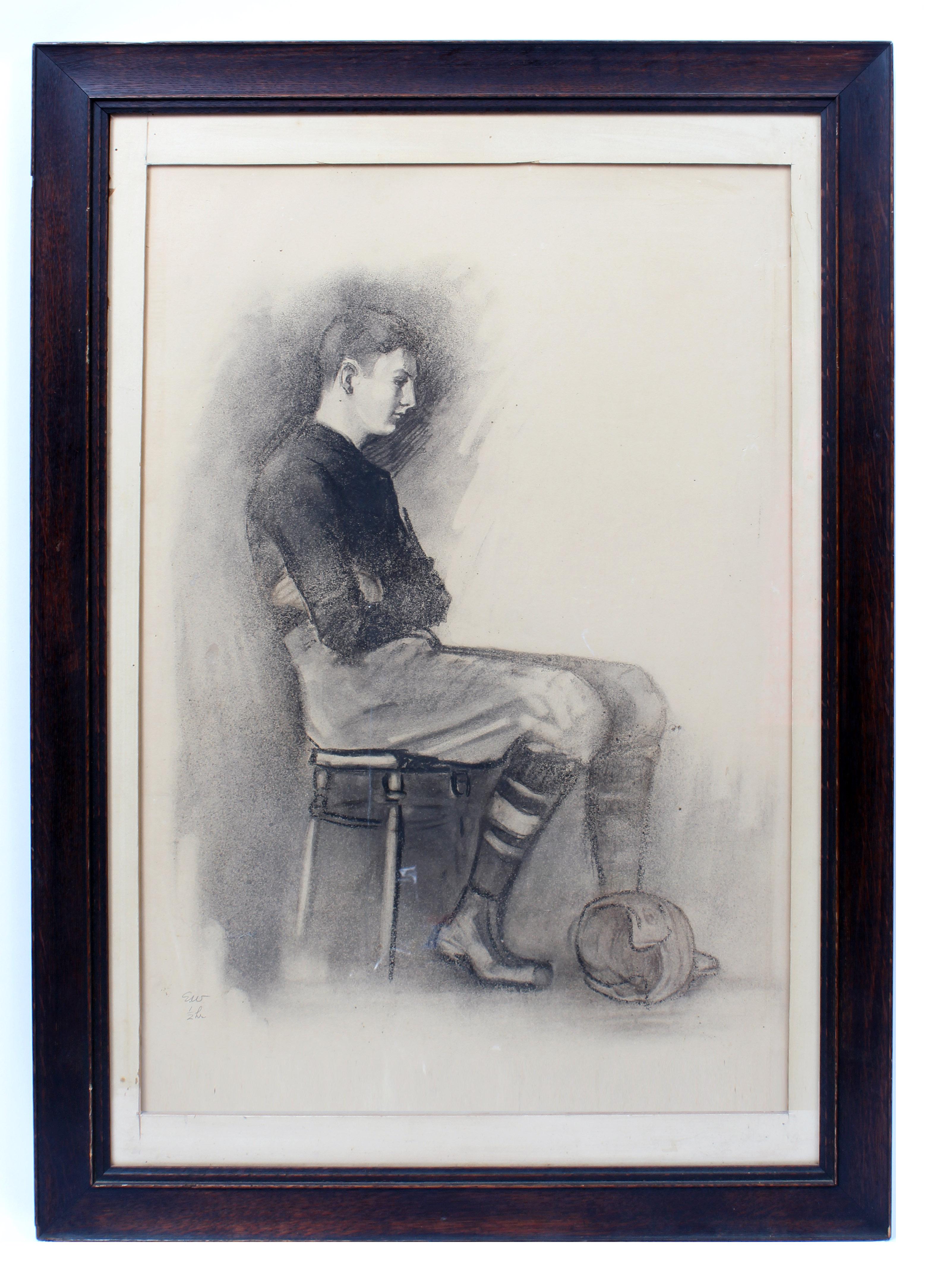 Antique American Drawing Football Player Monogrammed Original Frame early 20th C
