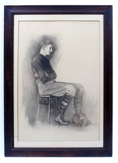 Vintage American Drawing Football Player Monogrammed Original Frame early 20th C