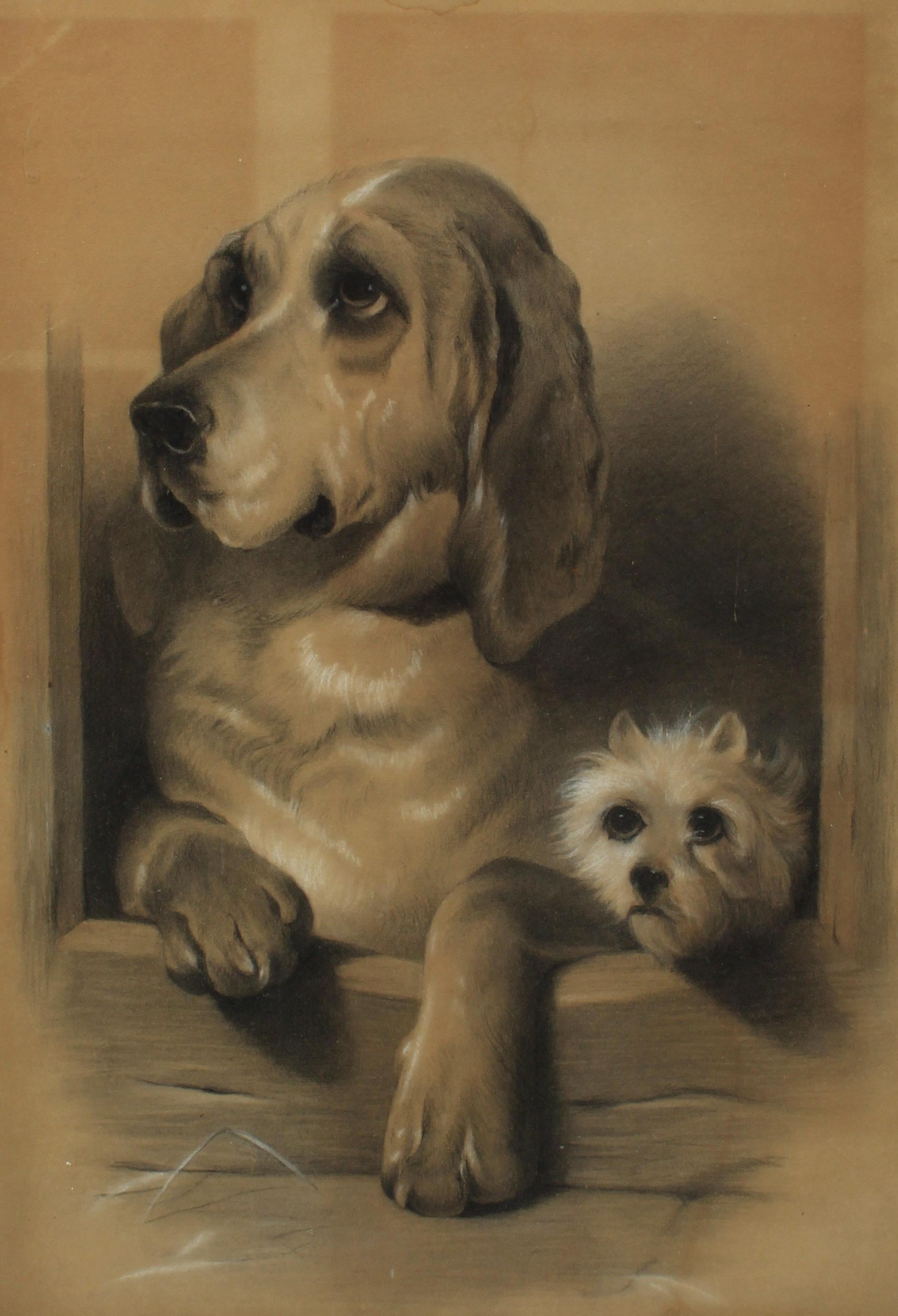 19th Century American Charcoal Drawing Two Dogs Antique Frame Classic Scene - Art by Unknown