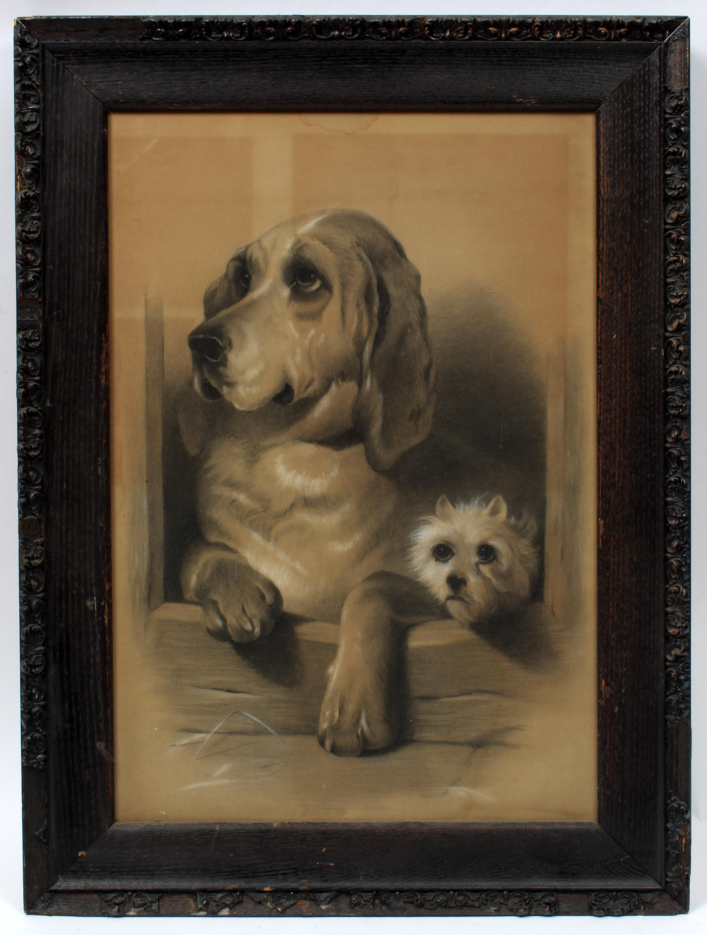 Unknown Animal Art - 19th Century American Charcoal Drawing Two Dogs Antique Frame Classic Scene