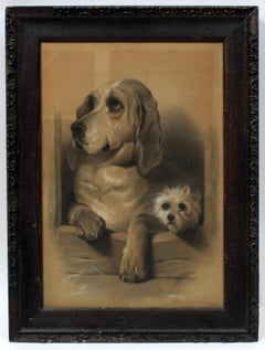 19th Century American Charcoal Drawing Two Dogs Antique Frame Classic Scene 