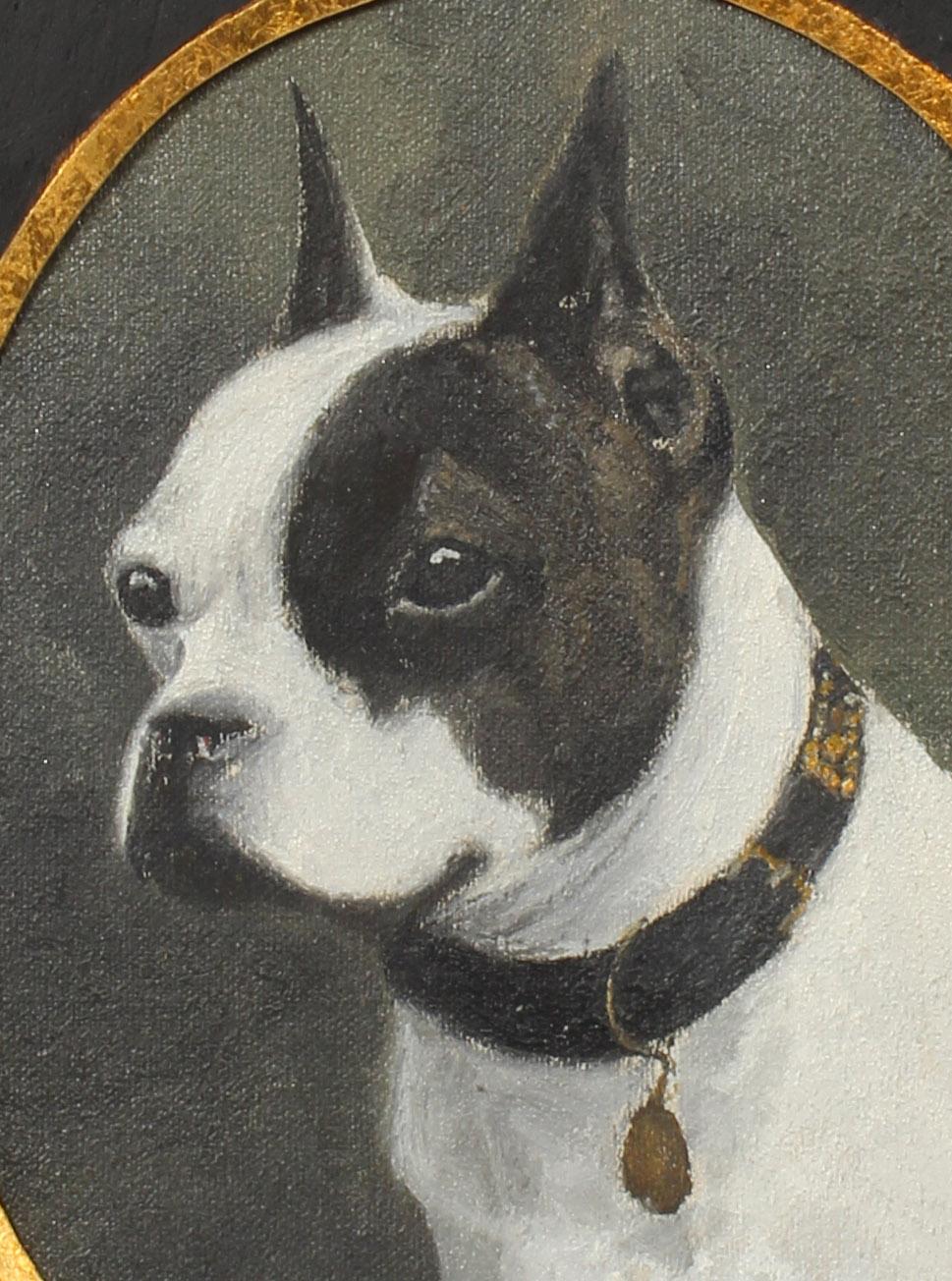 Dog Portrait Boston Terrier Framed Antique Canadian Oil Painting Oval Frame 1910 - Black Animal Painting by Alfred William Campbell