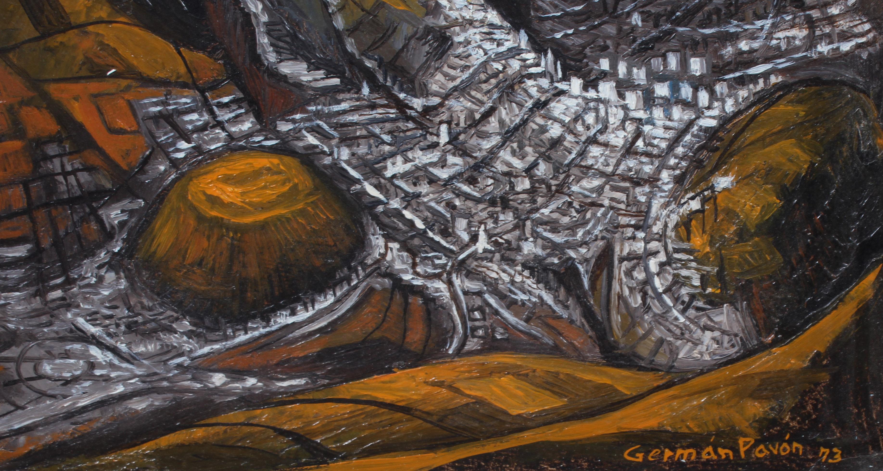 Une peinture à l'huile originale de l'artiste latino-américain classé German Pavon (né en 1933), qui a créé de nombreuses œuvres publiques dans son pays d'origine, l'Équateur.  Ce fabuleux tableau représentant de manière abstraite le volcan