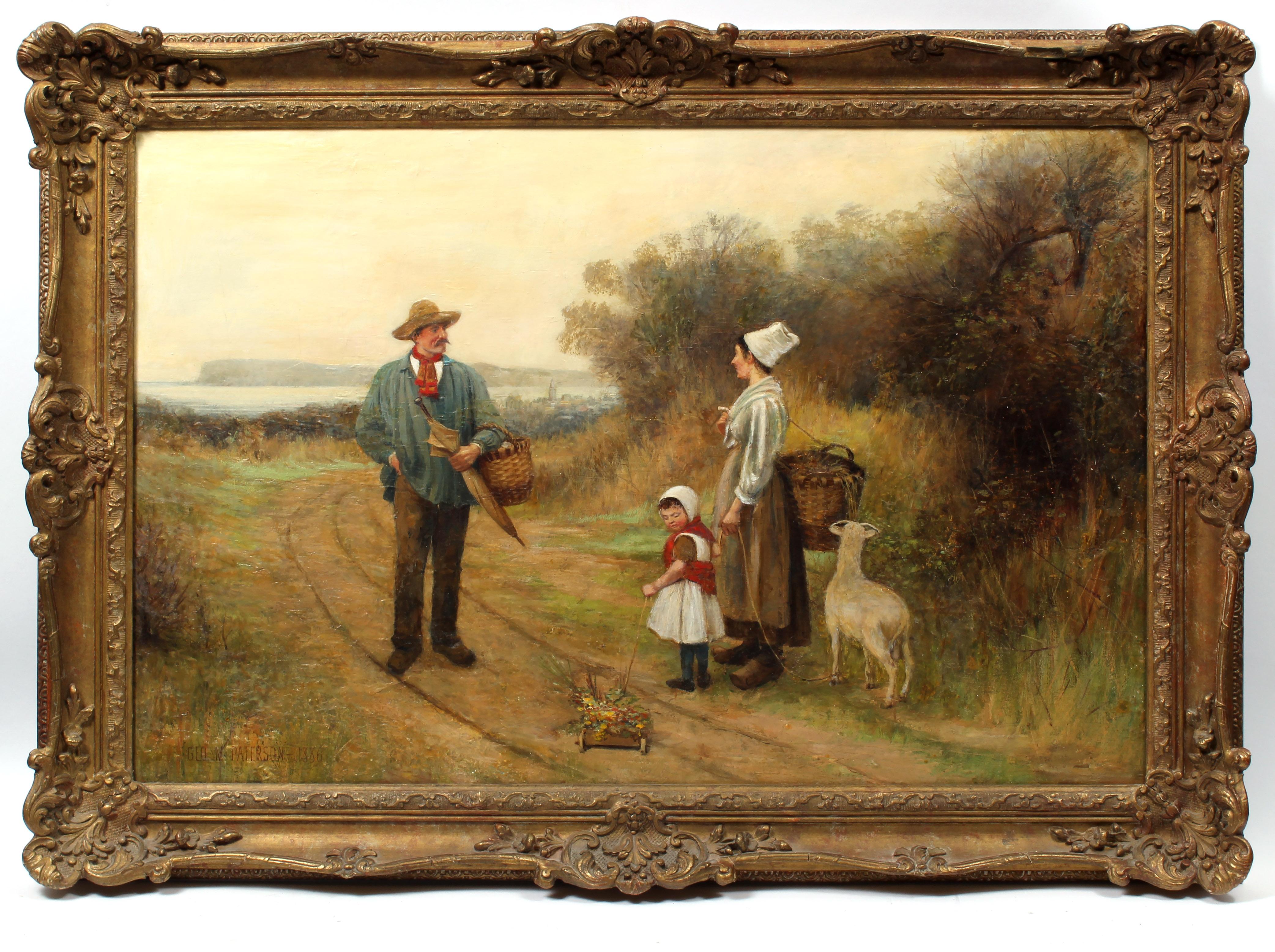 George M. Paterson Landscape Painting - Large Antique British Oil Painting Dog Picnic Charming 1886 Mother Child Framed