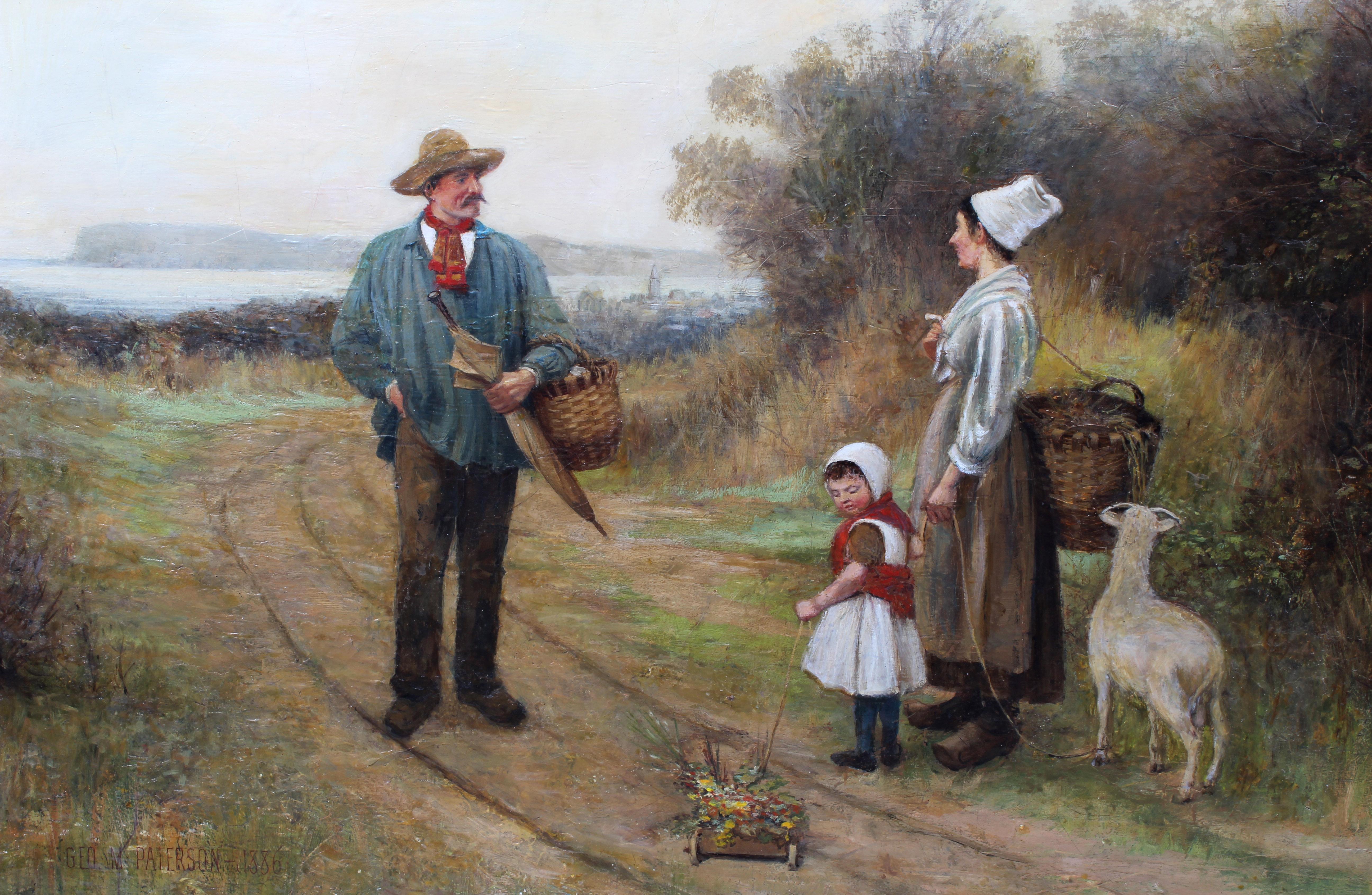 Large Antique British Oil Painting Dog Picnic Charming 1886 Mother Child Framed - Brown Landscape Painting by George M. Paterson