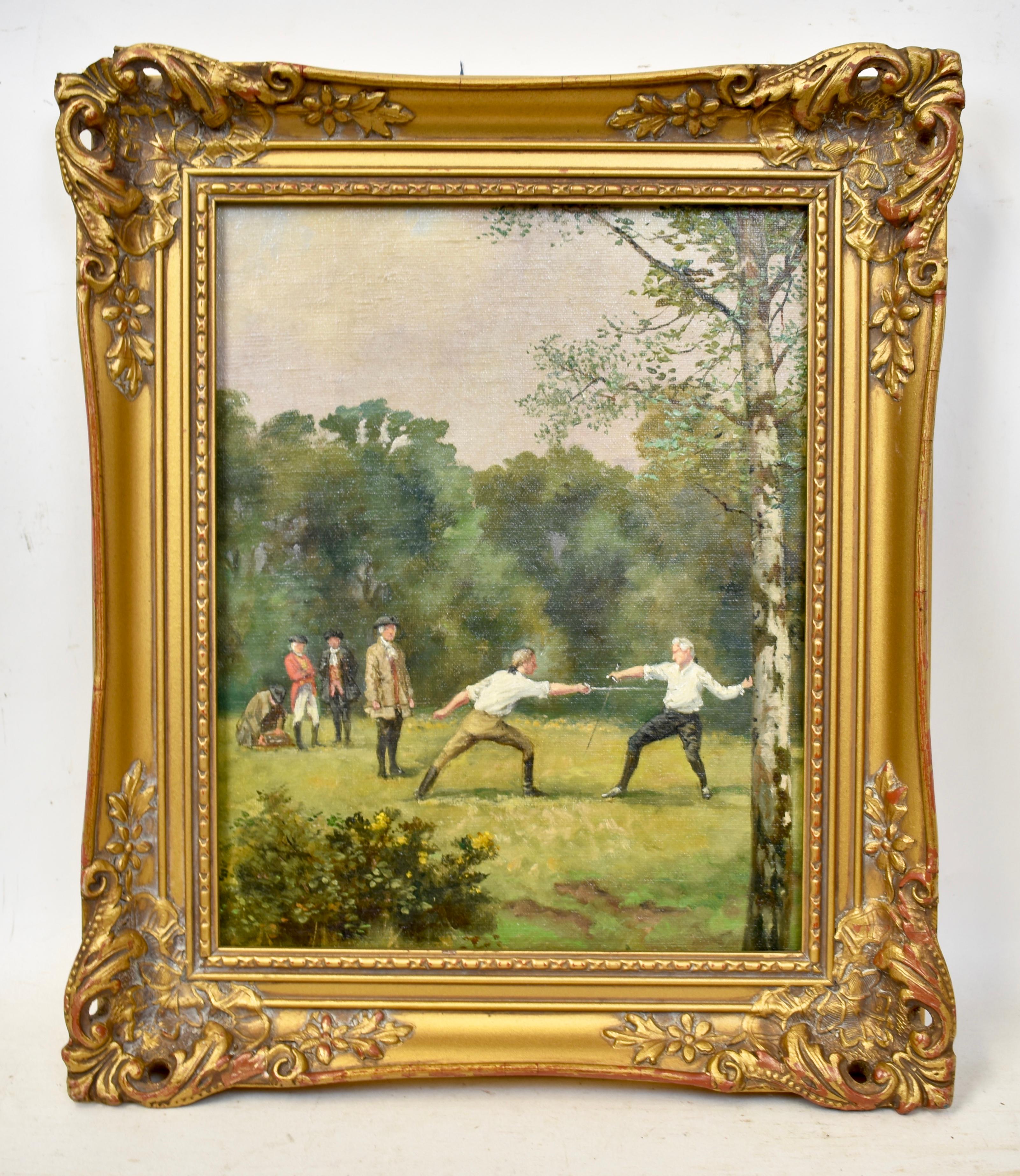 Antique English Sporting Art, Fencing in the Woods, Original Rare Oil Painting - Brown Landscape Painting by George Derville Rowlandson  (1861 - 1928)