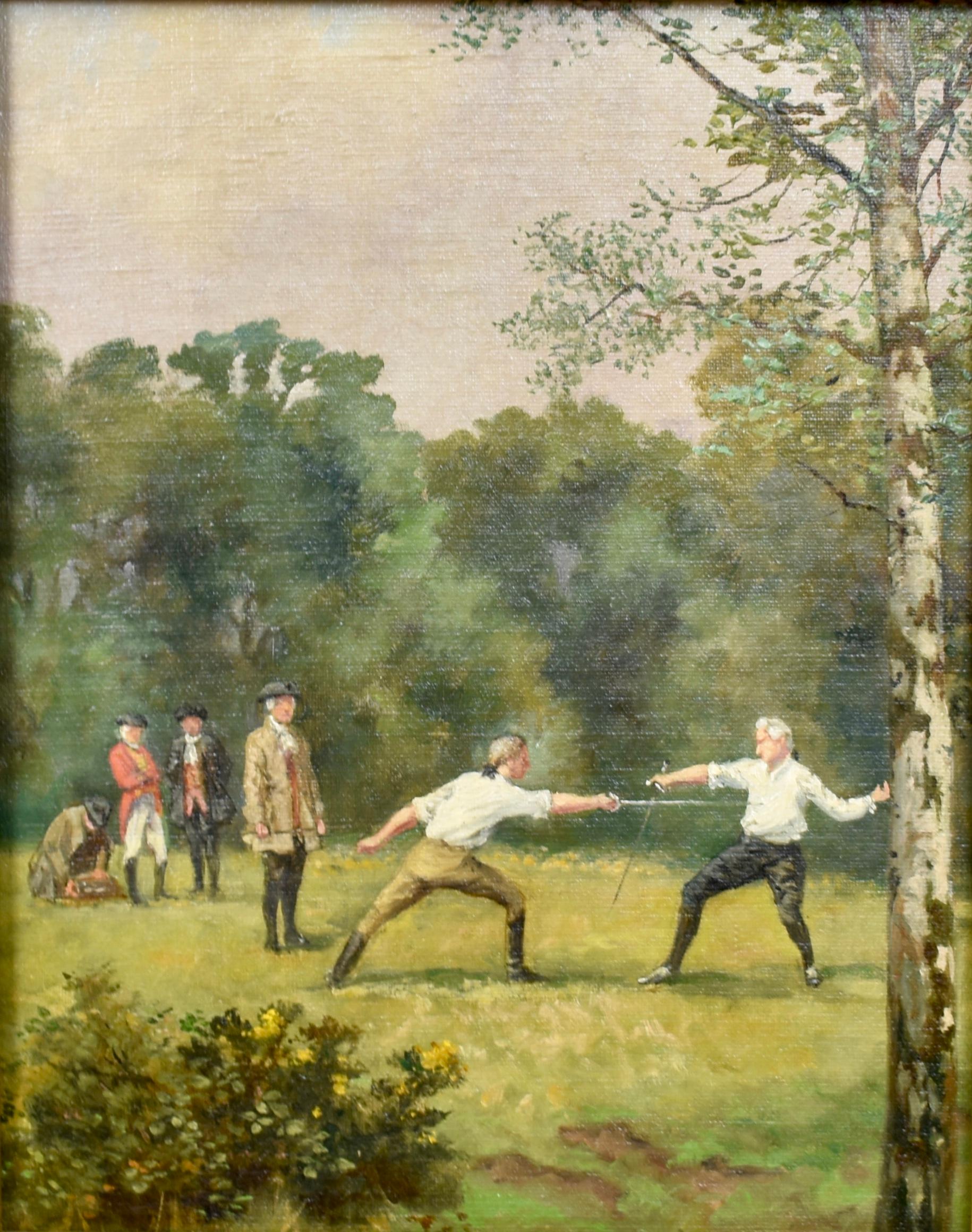 Antique english sporting art painting.  Oil on canvas, circa 1890.  Signed on a piece of canvas verso.  Oil on canvas, lain on board.  Displayed in a giltwood frame.  Image size, 9.5