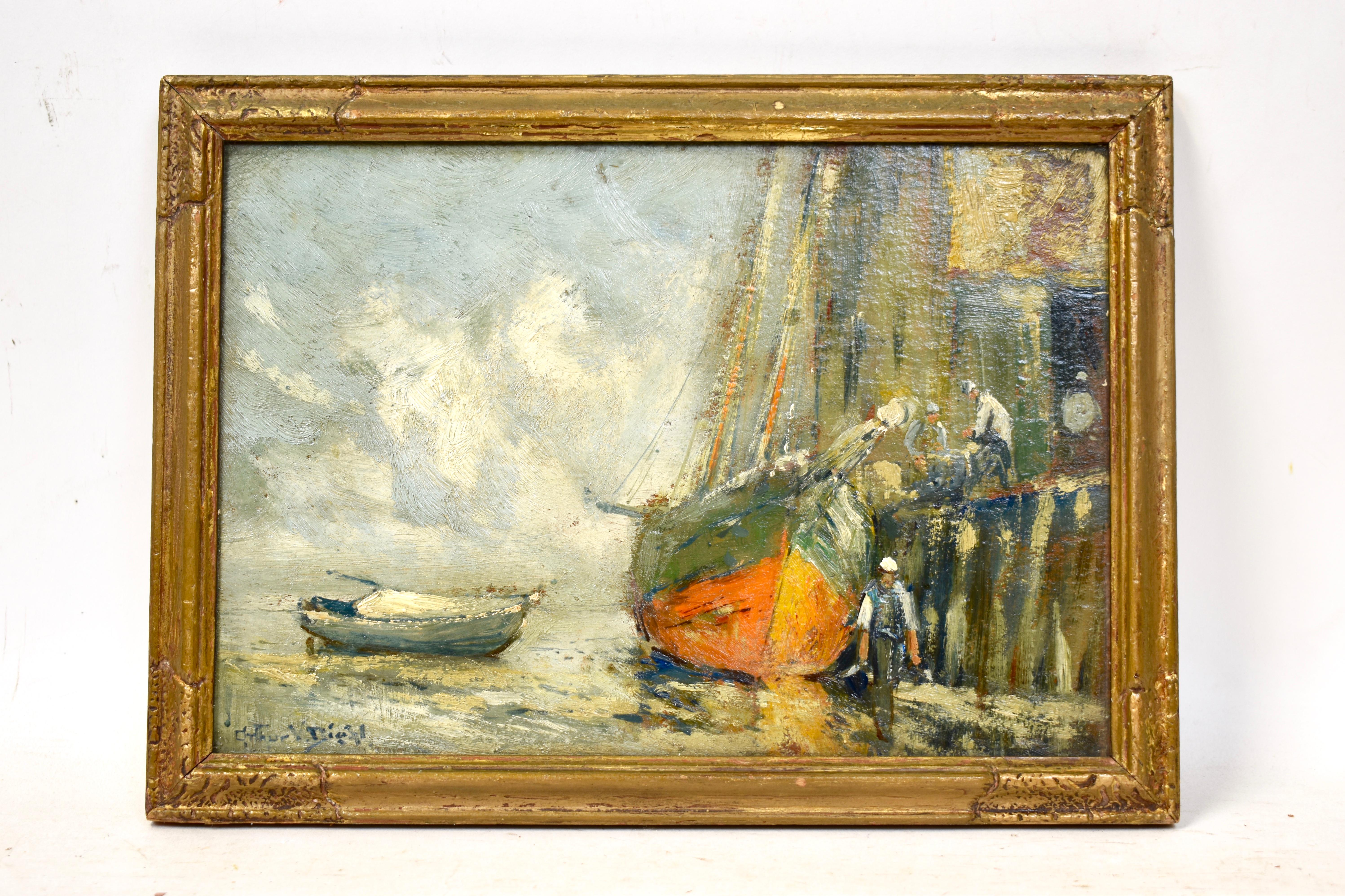 Impressionist view of Provincetown Whorf by Arthur Diehl  (1870 - 1929).  Oil on board, circa 1920.  Signed lower left.  Displayed in a giltwood frame.  Image size, 10