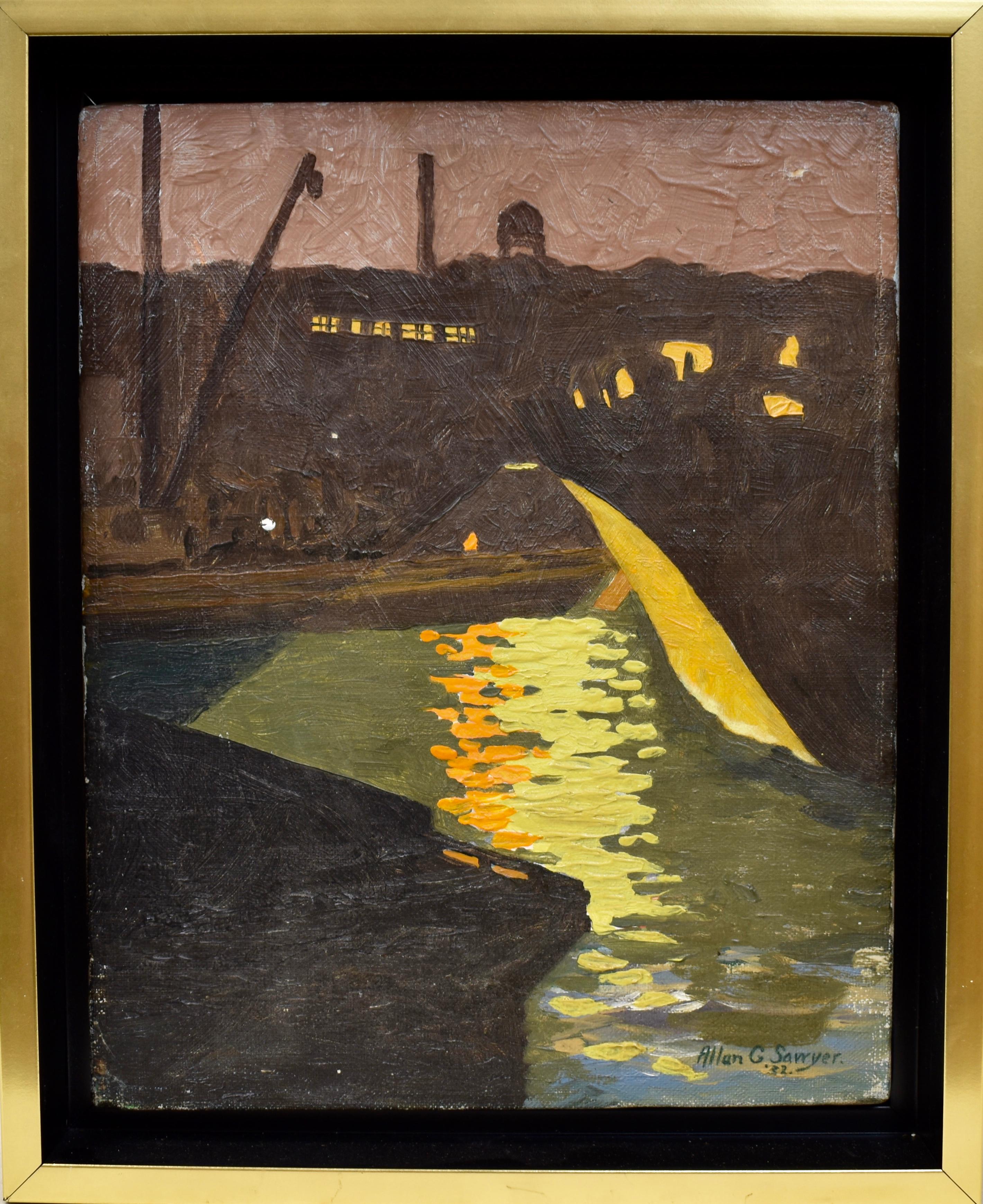 Modernist moonlit harbor view by Allan Sawyer.  Oil on canvas, circa 1932.  Signed lower right.  Displayed in a modernist frame.  Image size, 8.5"L x 10.75"H.
