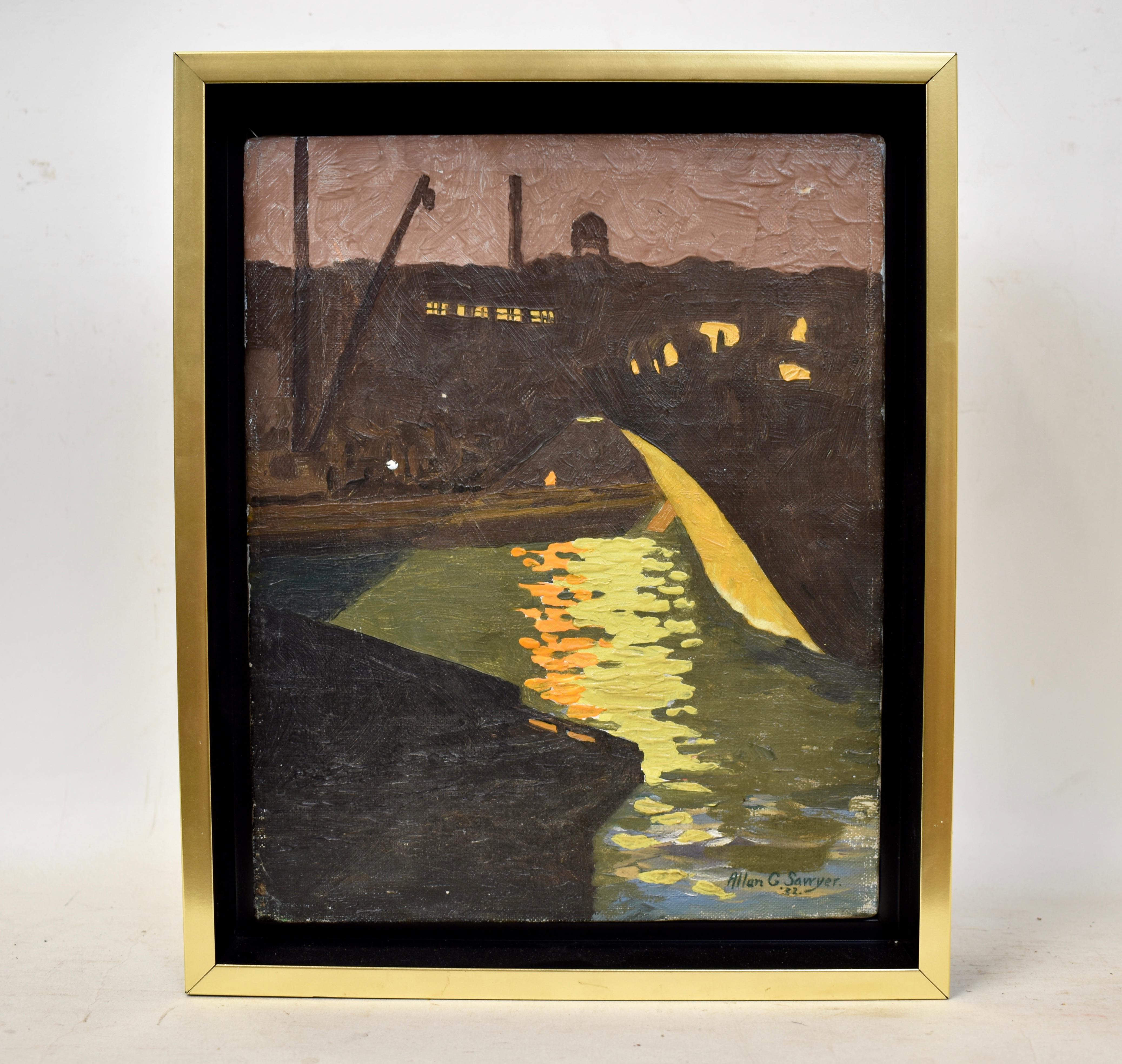 Antique American Modernist Moonlit Harbor Oil Painting by Allan Sawyer 1