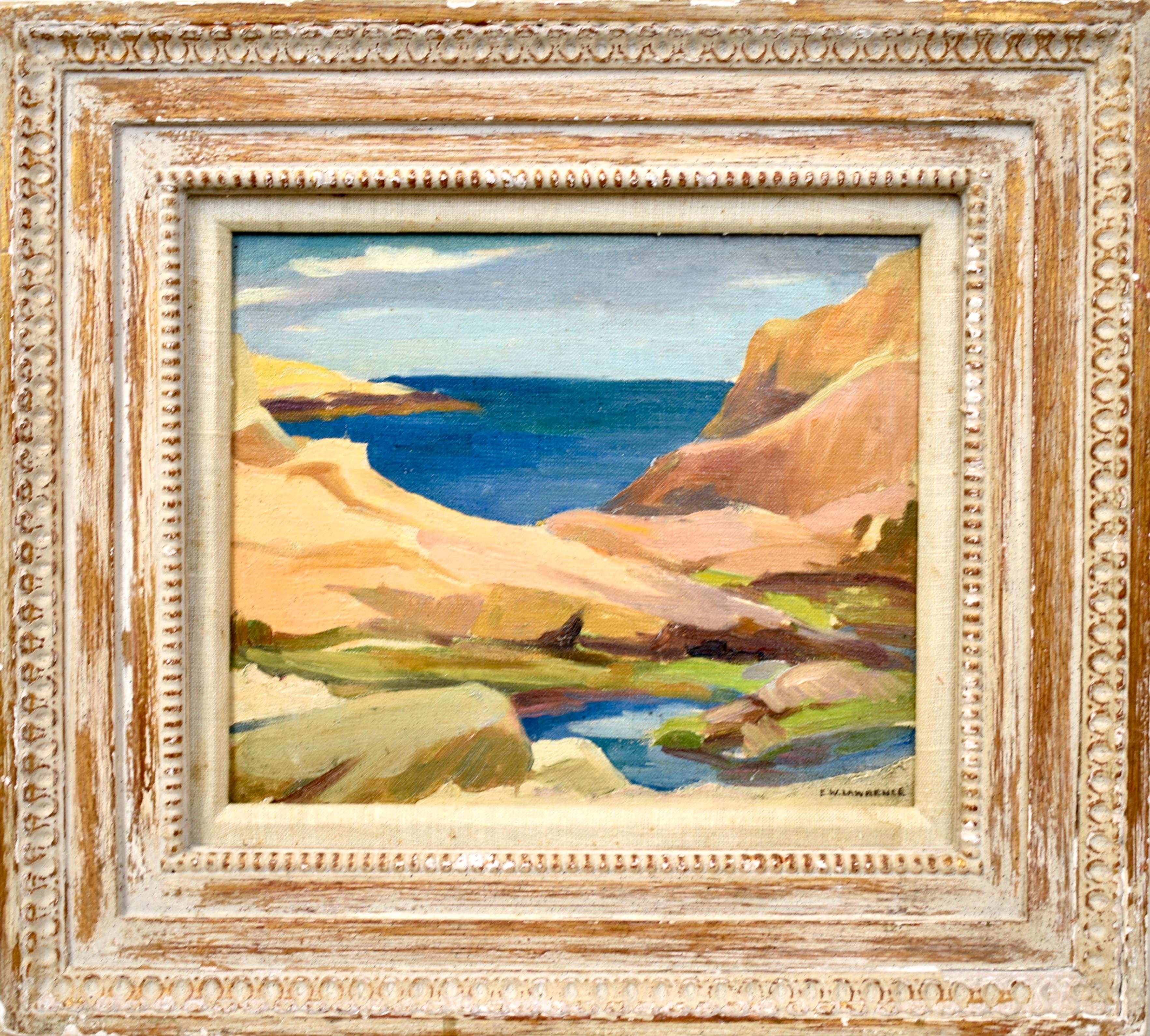 Modernist beach seascape painting by Edna Lawrence  (1898 - 1987).  Oil on board, circa 1930.  Signed lower right.  Displayed in a modernist frame.  Image size, 12"L x 10"H.
