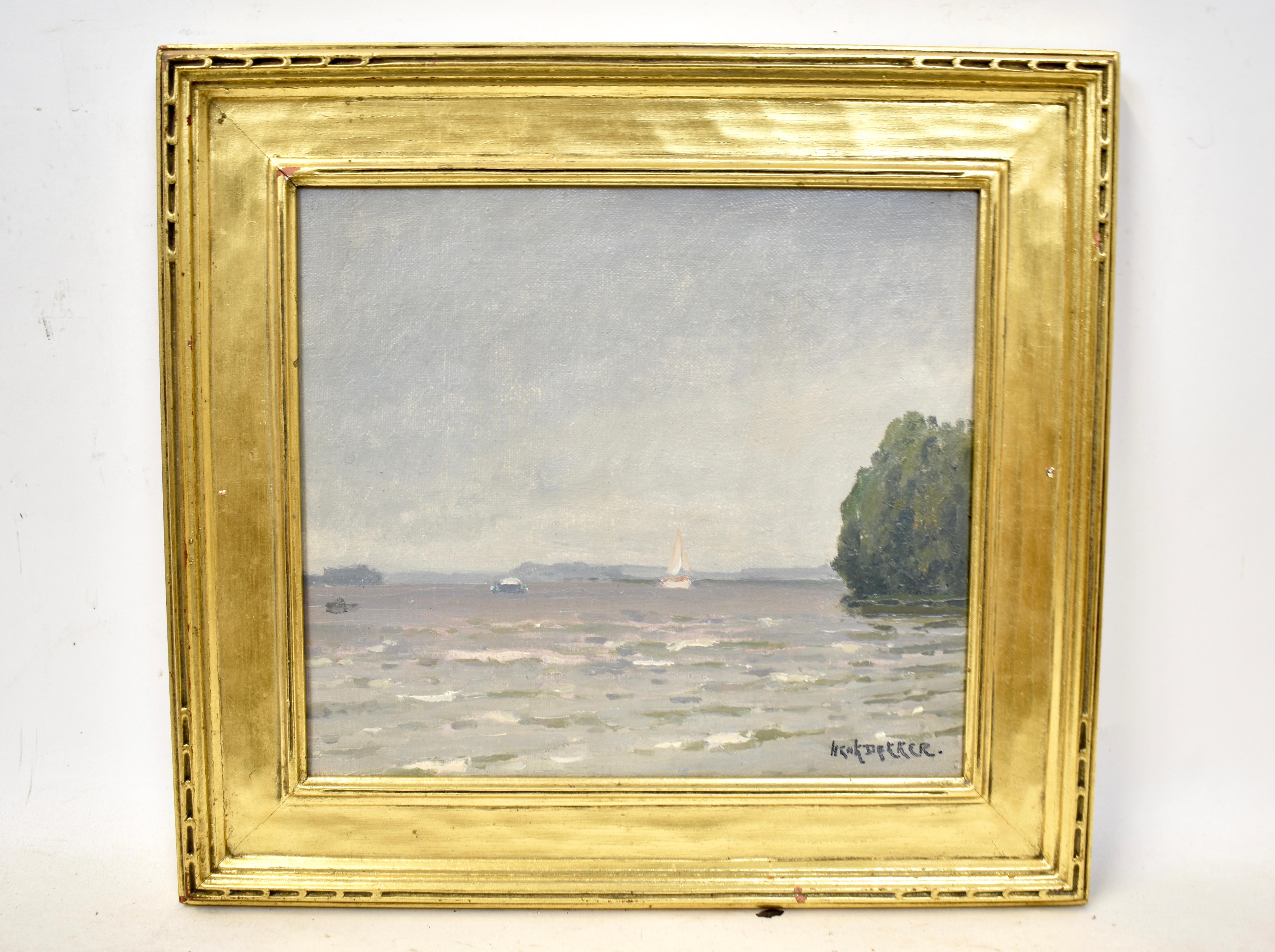 Impressionist seascape oil painting by Henk Dekker  (1897 - 1974).  Oil on canvas, circa 1930.  Signed lower right.  Displayed in a giltwood frame.  Image size, 9