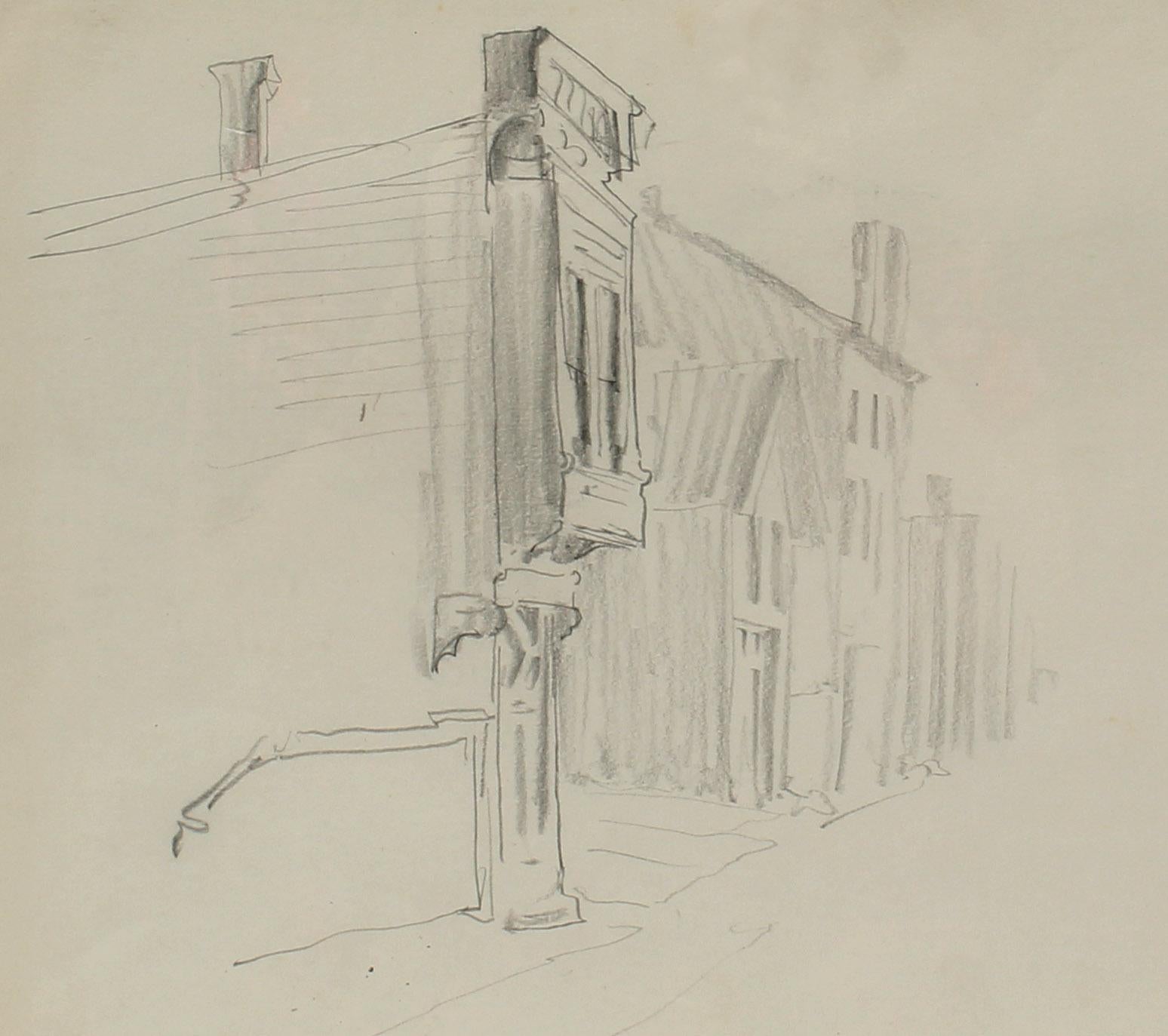 Original Rare Charles Burchfield Drawing Buildings Ohio 1919 - Realist Art by Charles E. Burchfield