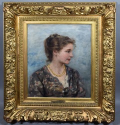 Antique Impressionist Classical Young Woman Portrait Signed 1890 Oil Painting