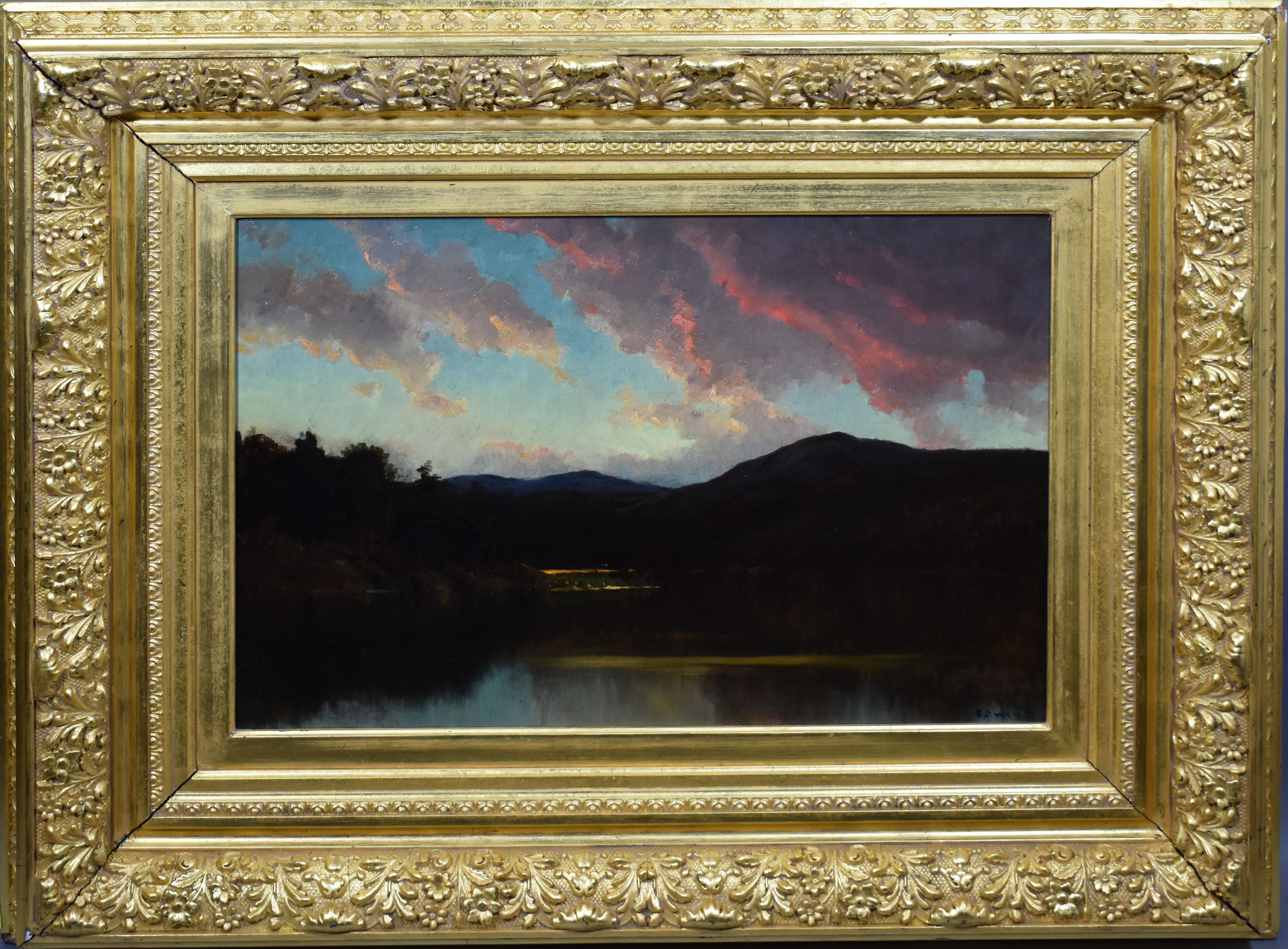 M DeForest Bolmer Landscape Painting - Antique American Hudson River School Sunset Mountain Landscape Oil Painting
